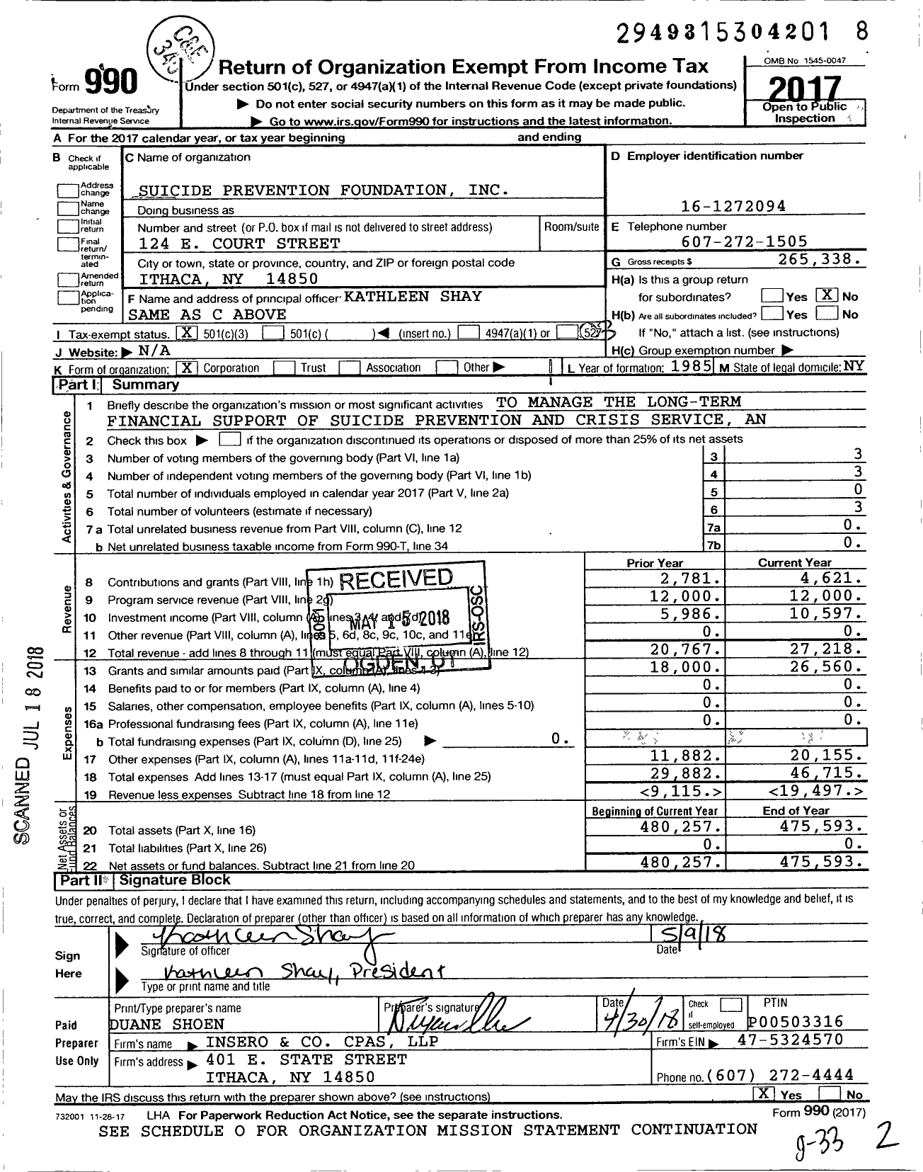 Image of first page of 2017 Form 990 for Suicide Prevention Foundation
