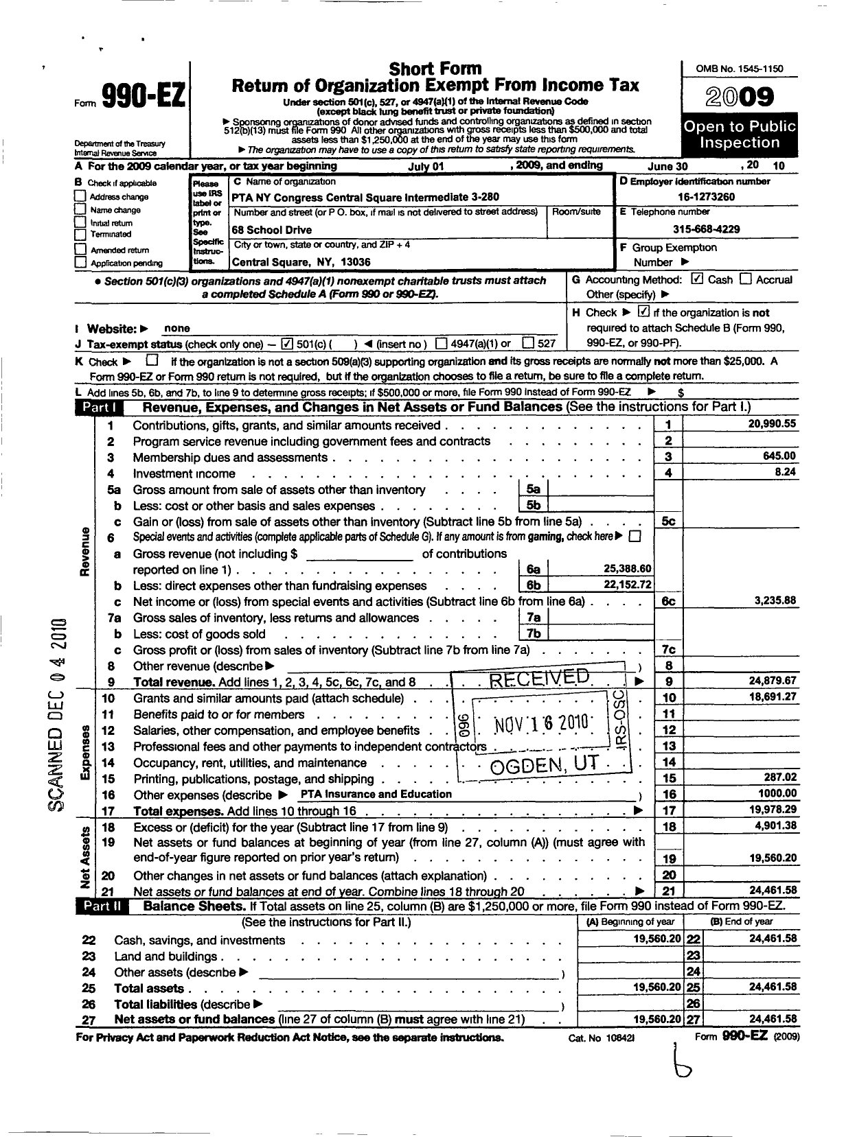 Image of first page of 2009 Form 990EO for New York State PTA - 03-280 Central Square Intermediate