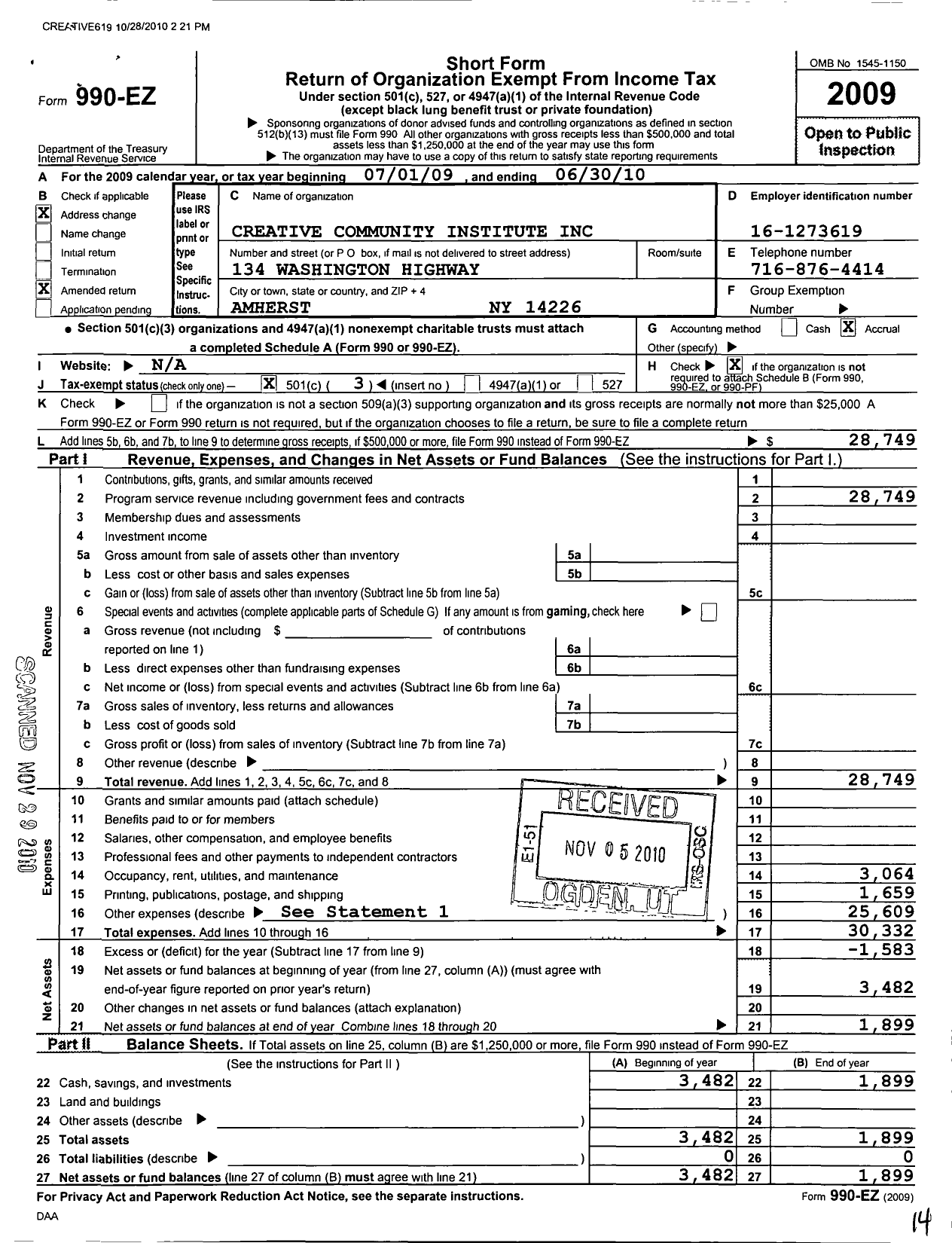 Image of first page of 2009 Form 990EZ for Creative Community Institute