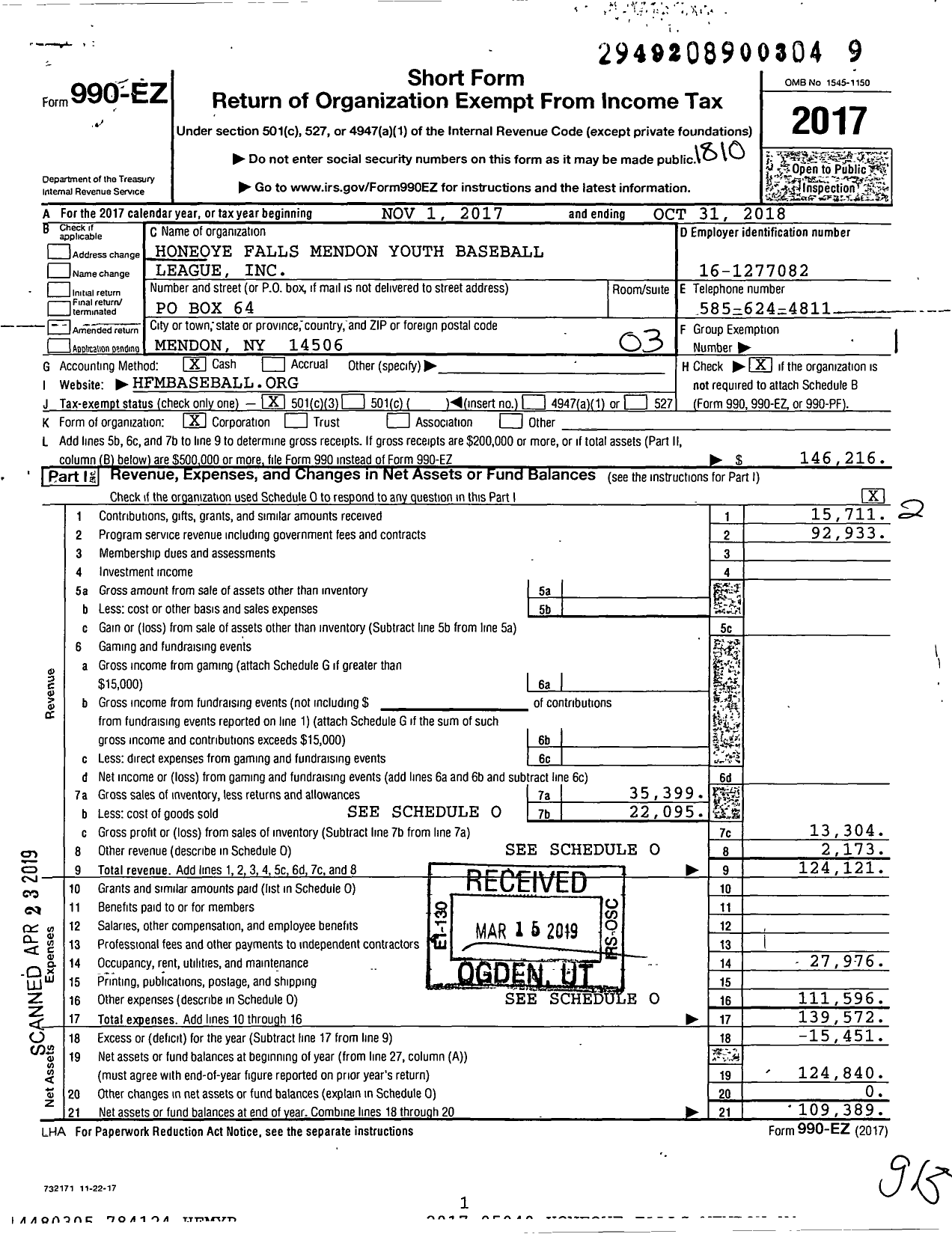 Image of first page of 2017 Form 990EZ for Honeoye Falls Mendon Youth Baseball League