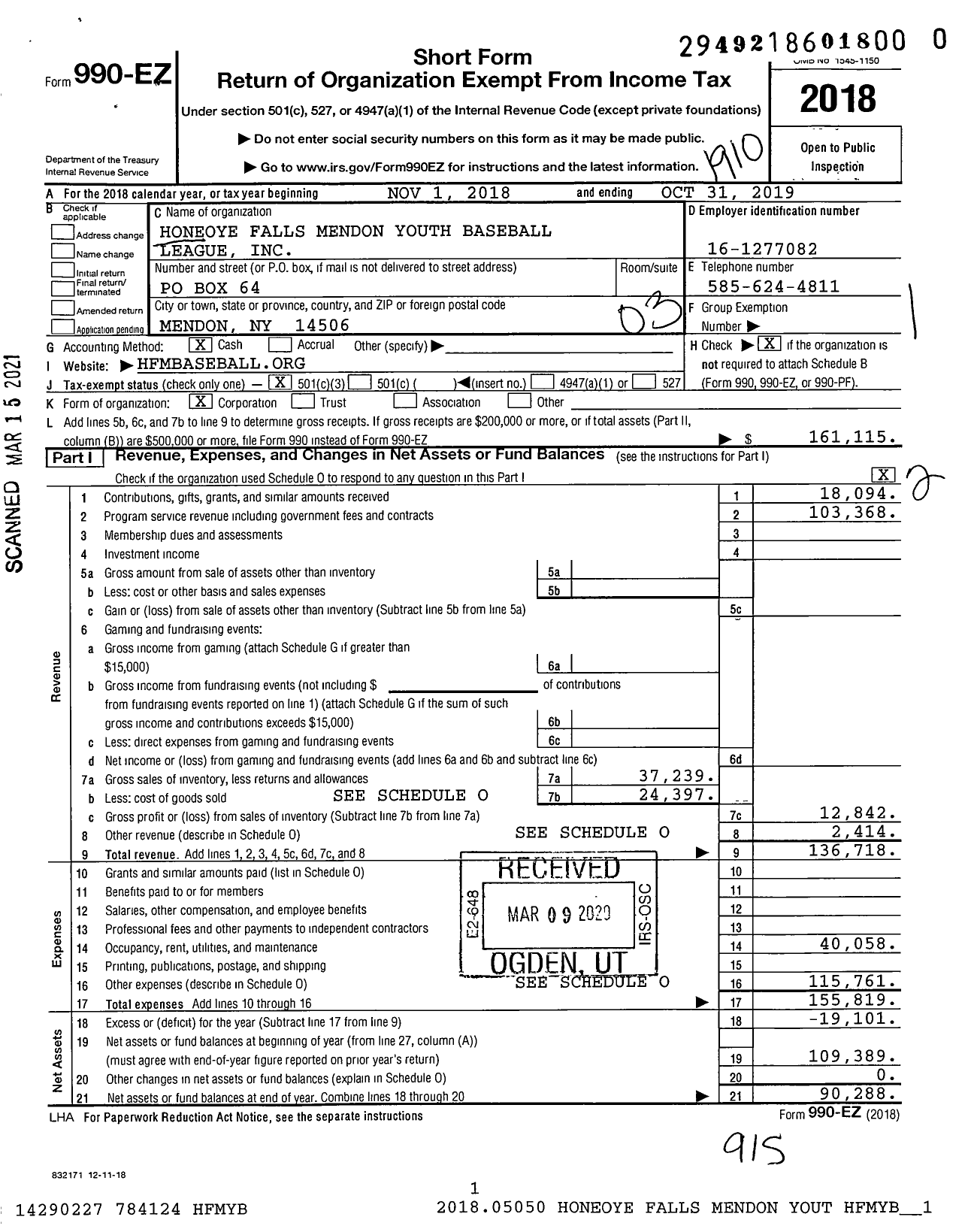 Image of first page of 2018 Form 990EZ for Honeoye Falls Mendon Youth Baseball League