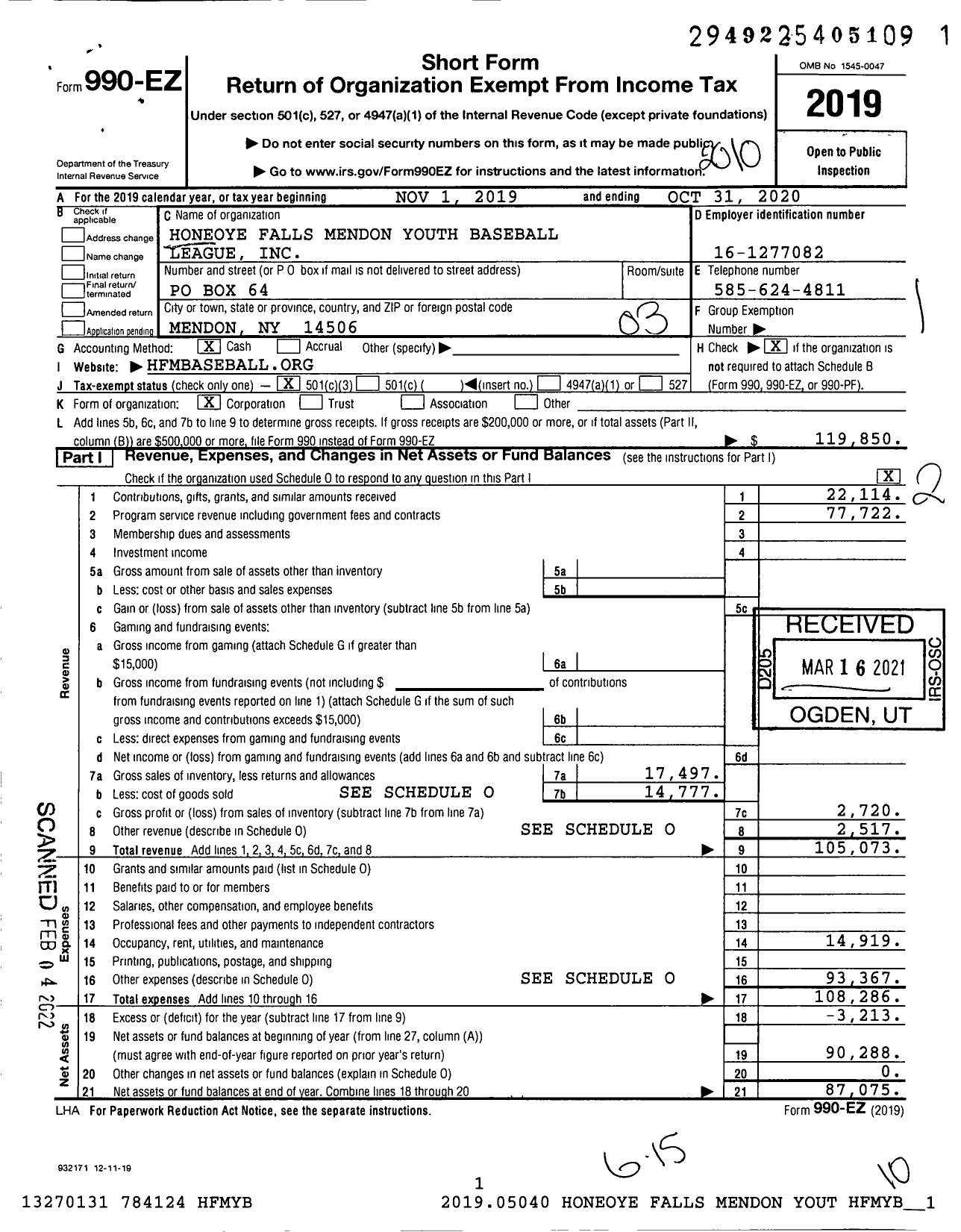 Image of first page of 2019 Form 990EZ for Honeoye Falls Mendon Youth Baseball League