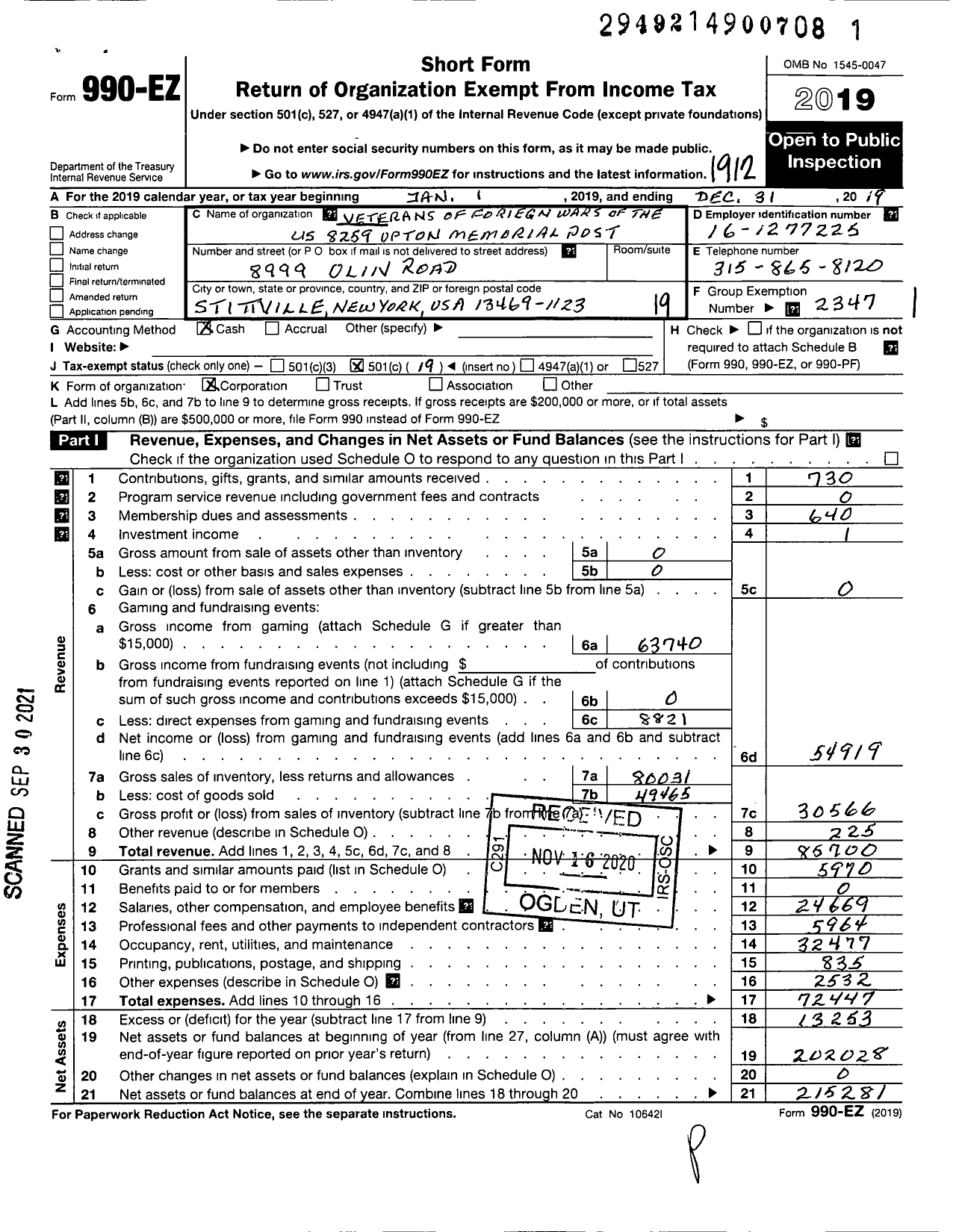 Image of first page of 2019 Form 990EO for Department of Ny VFW - 8259 Upton Memorial Post