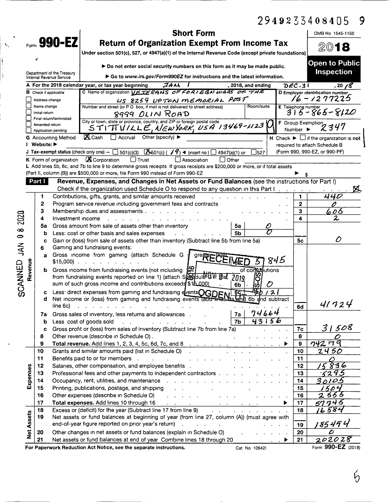 Image of first page of 2018 Form 990EO for Department of Ny VFW - 8259 Upton Memorial Post