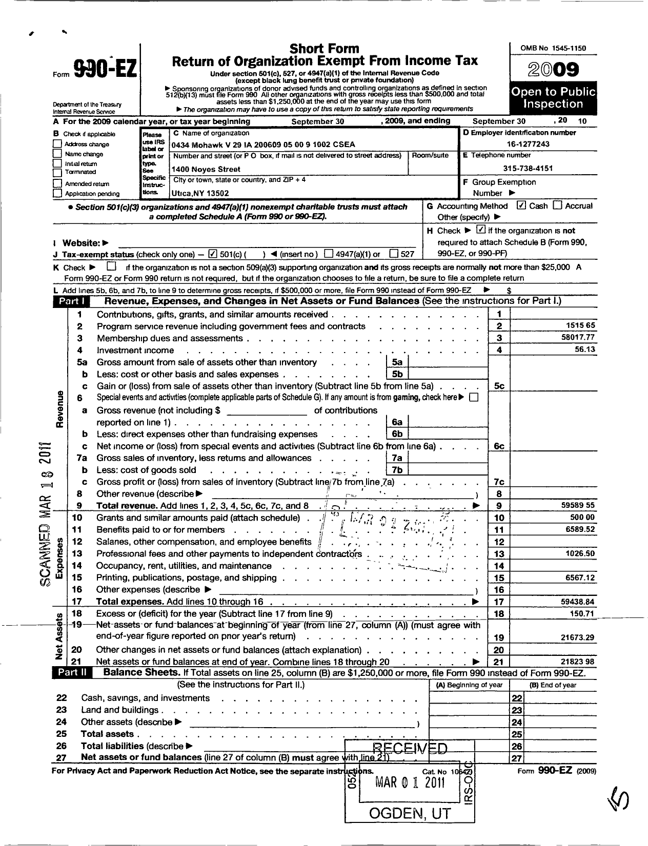 Image of first page of 2009 Form 990EO for Civil Service Employees Association - 0434 Mohawk Valley Psychiatric Ctr