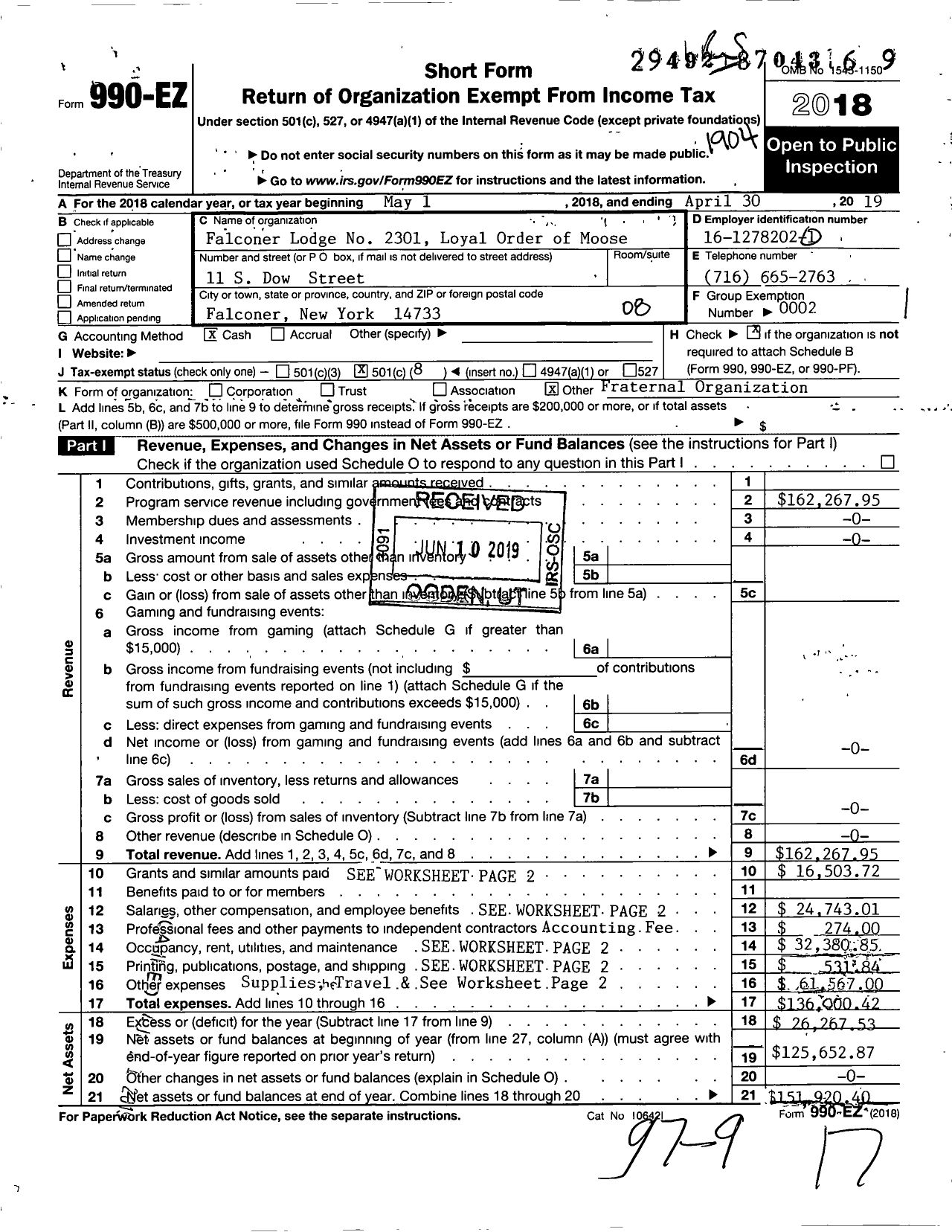 Image of first page of 2018 Form 990EO for Loyal Order of Moose - Falconer Lodge No 2301 Loyal Order of Moose