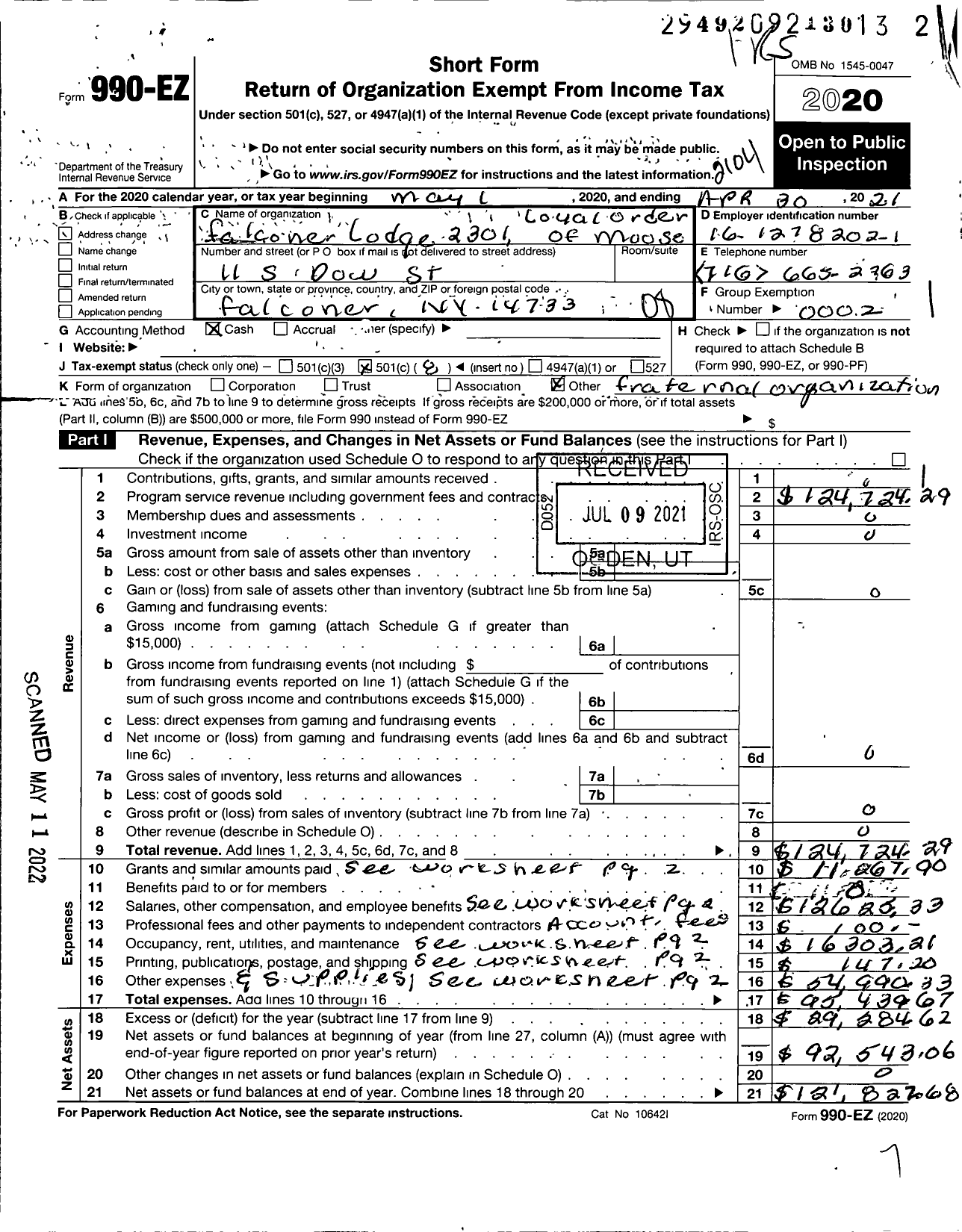 Image of first page of 2020 Form 990EO for Loyal Order of Moose - Falconer Lodge No 2301 Loyal Order of Moose