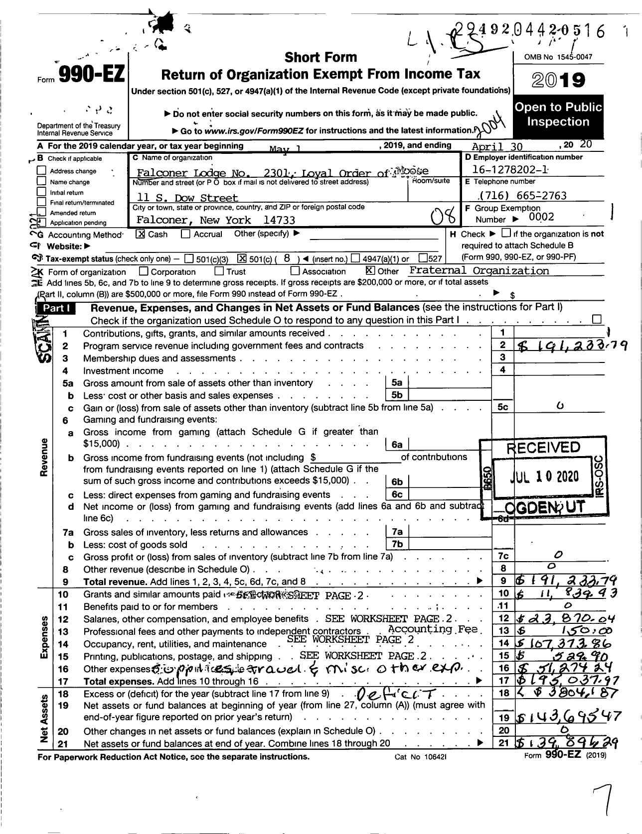 Image of first page of 2019 Form 990EO for Loyal Order of Moose - Falconer Lodge No 2301 Loyal Order of Moose