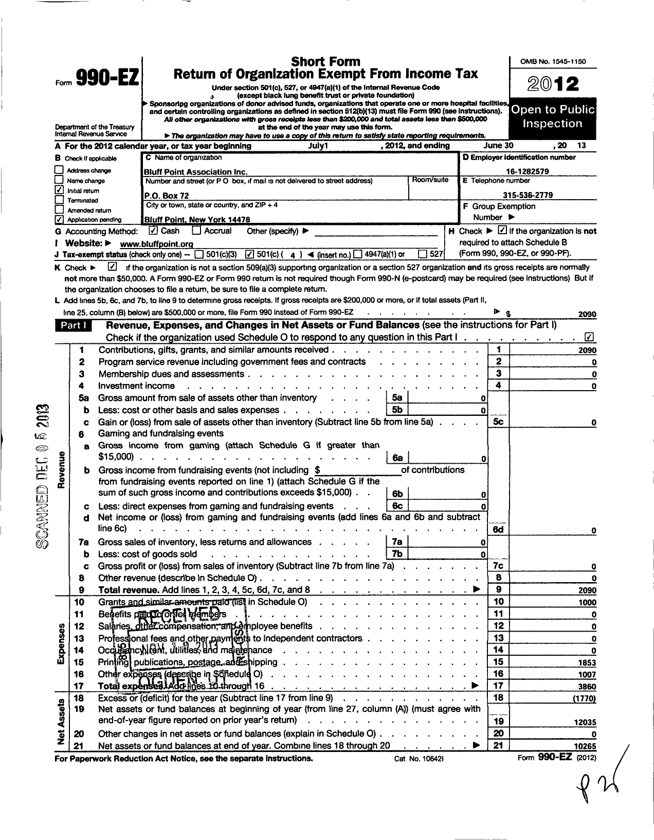 Image of first page of 2012 Form 990EO for Bluff Point Association