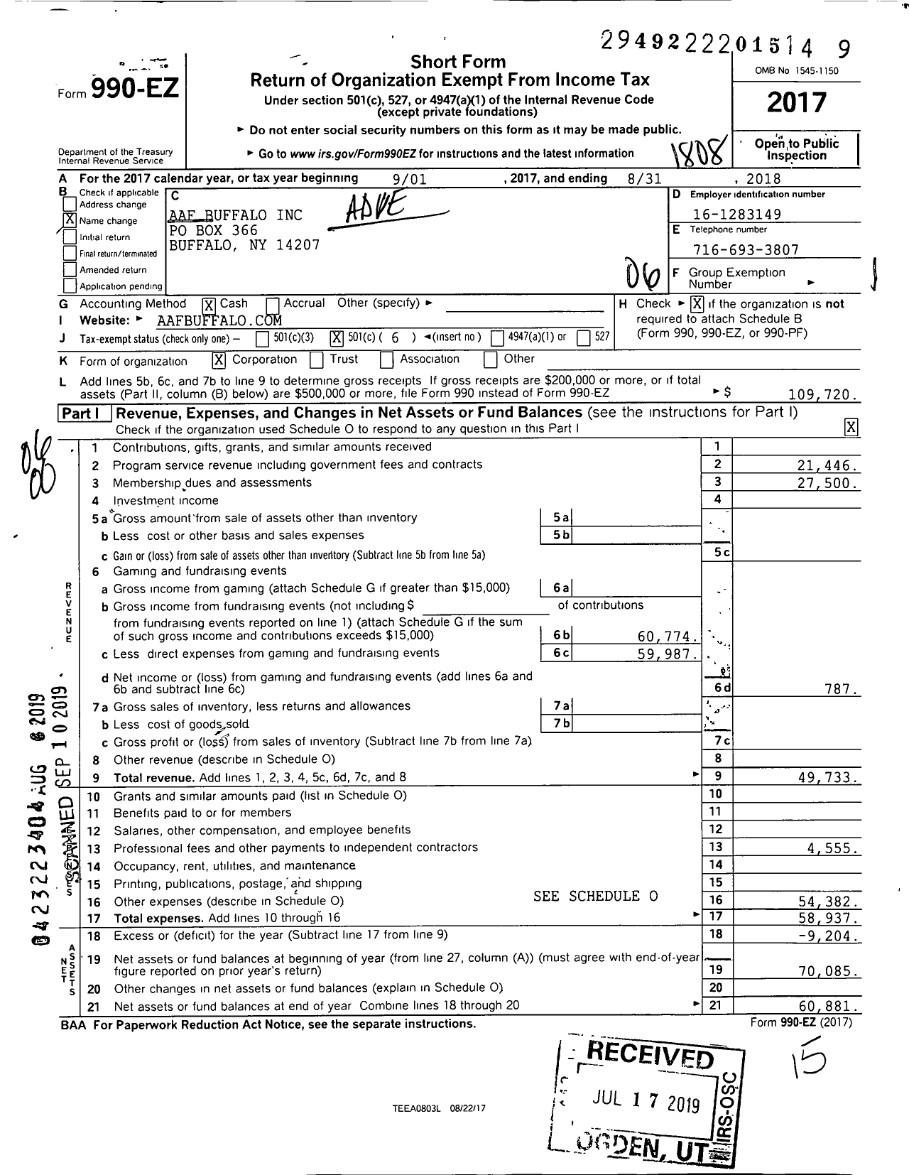 Image of first page of 2017 Form 990EO for Advertising Club of Buffalo