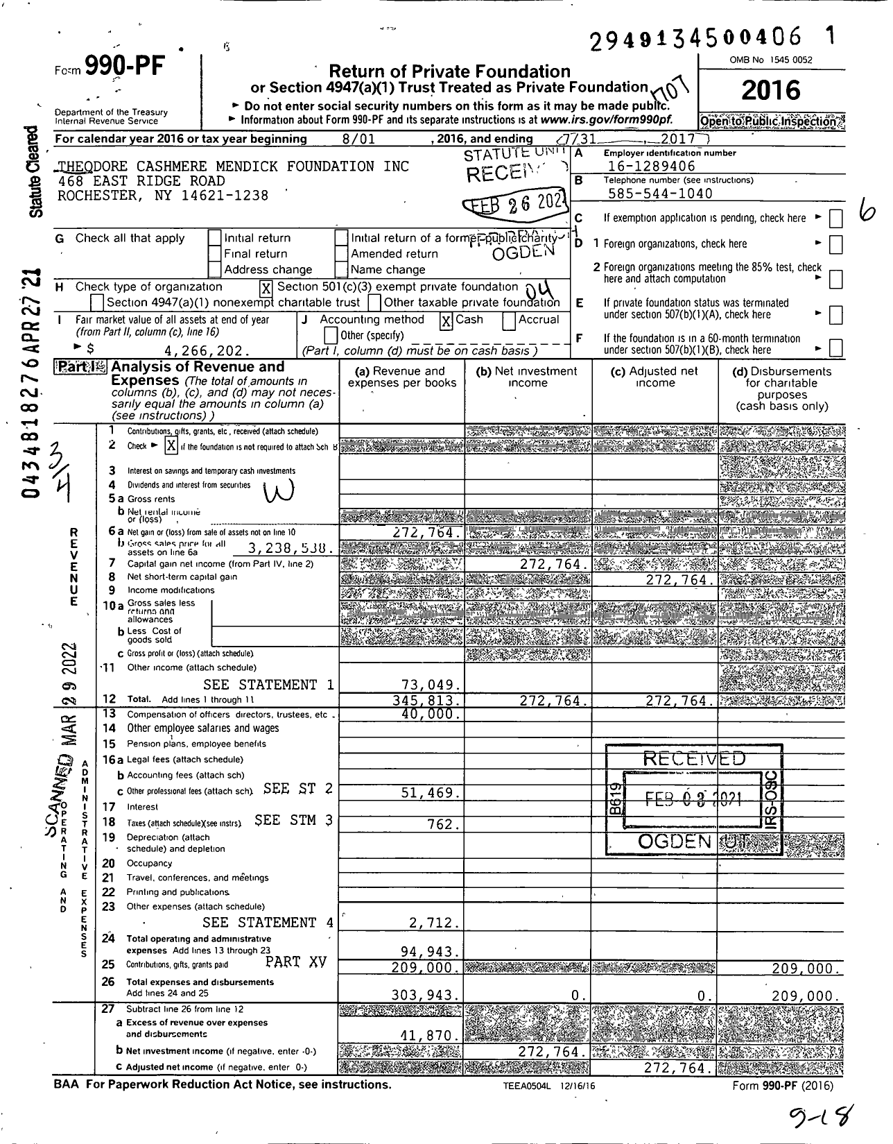 Image of first page of 2016 Form 990PF for Theodore Cashmere Mendick Foundation