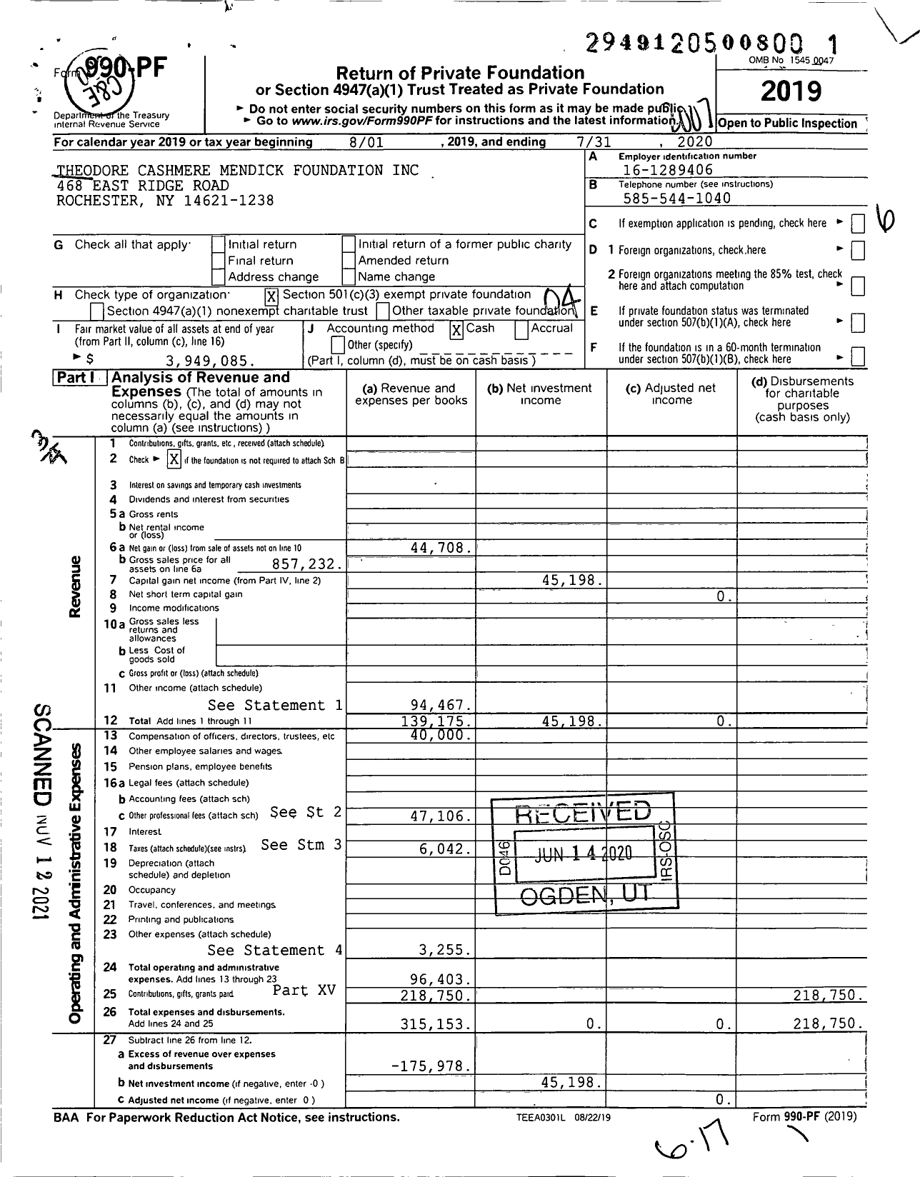 Image of first page of 2019 Form 990PF for Theodore Cashmere Mendick Foundation