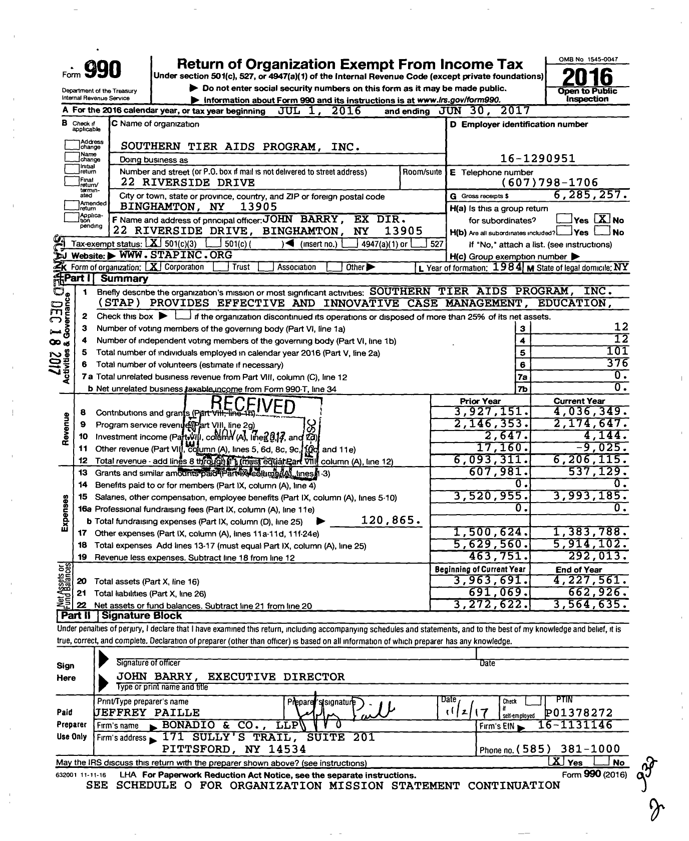 Image of first page of 2016 Form 990 for Southern Tier Aids Program