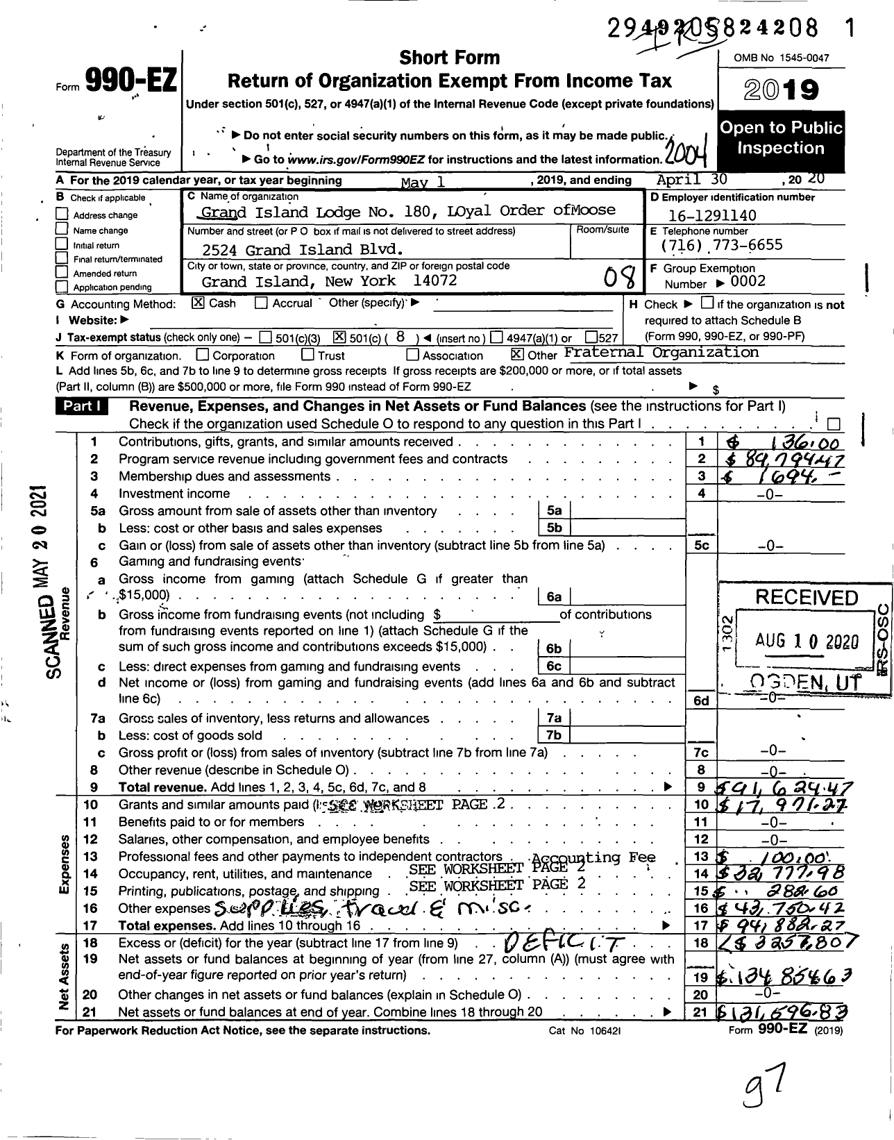 Image of first page of 2019 Form 990EO for Loyal Order of Moose - 180