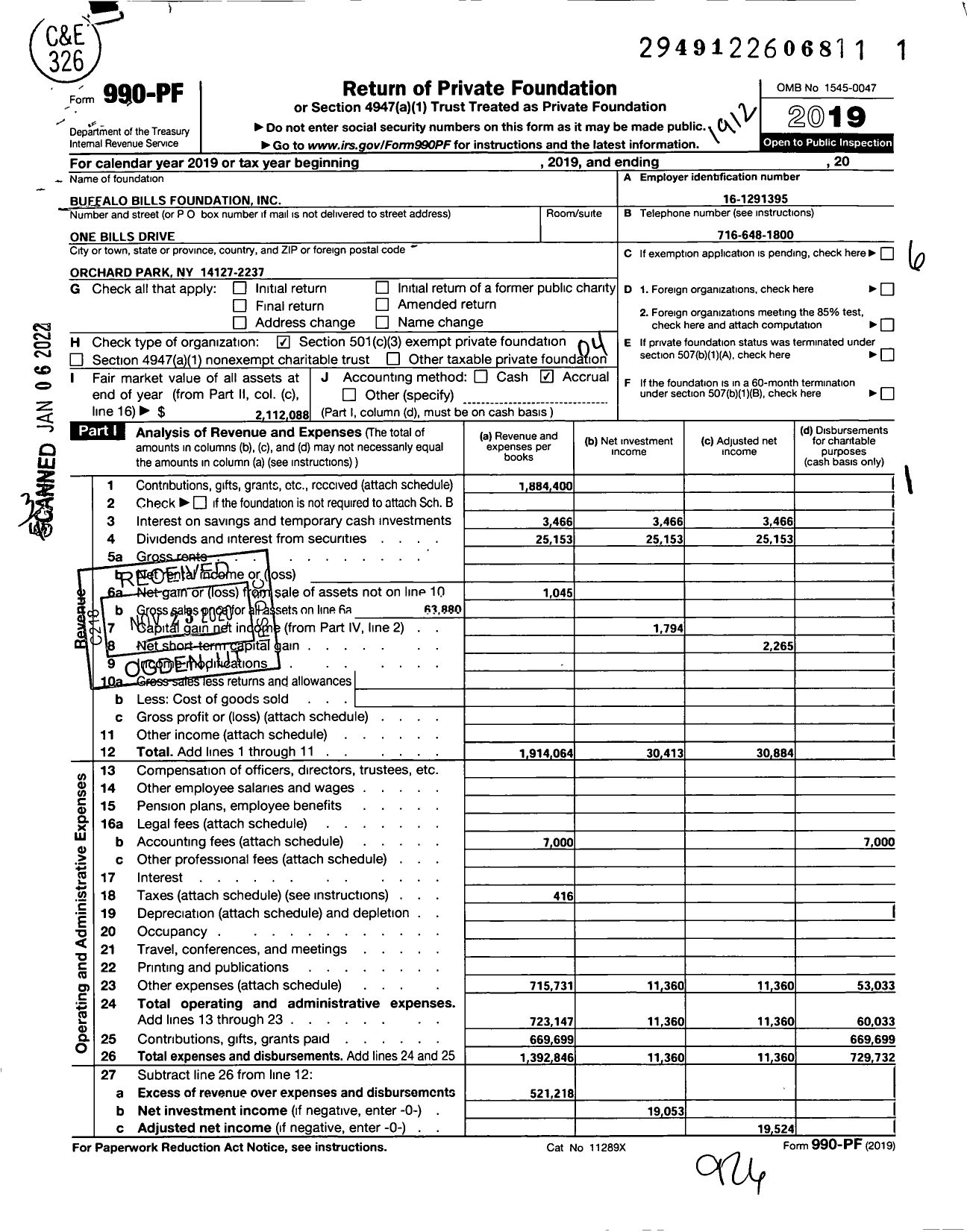 Image of first page of 2019 Form 990PF for Buffalo Bills Foundation
