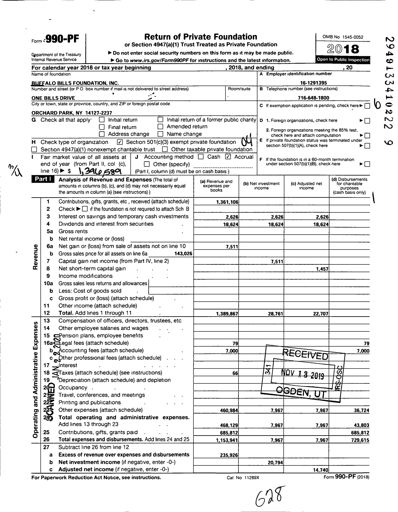 Image of first page of 2018 Form 990PF for Buffalo Bills Foundation
