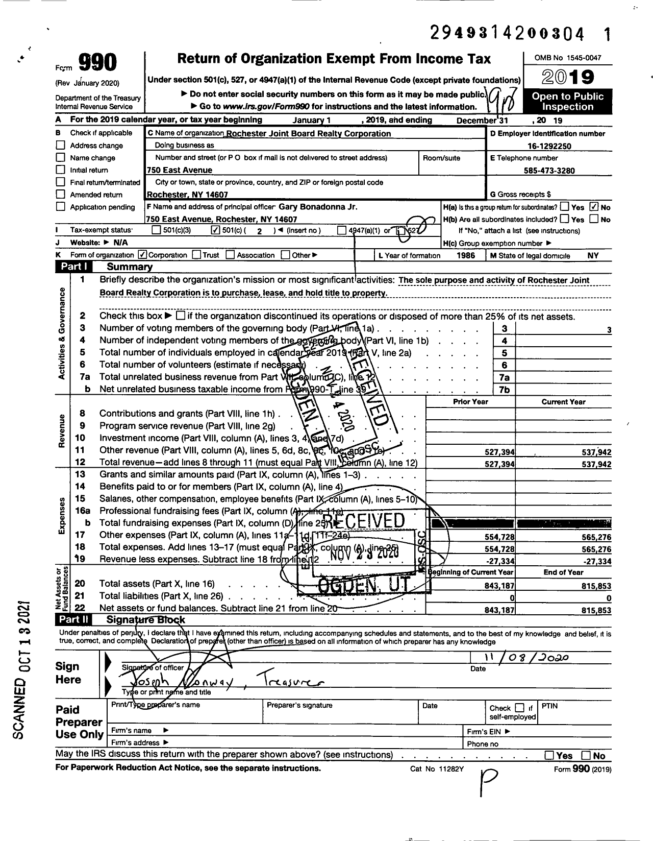 Image of first page of 2019 Form 990O for Rochester Joint Board Realty Corporation