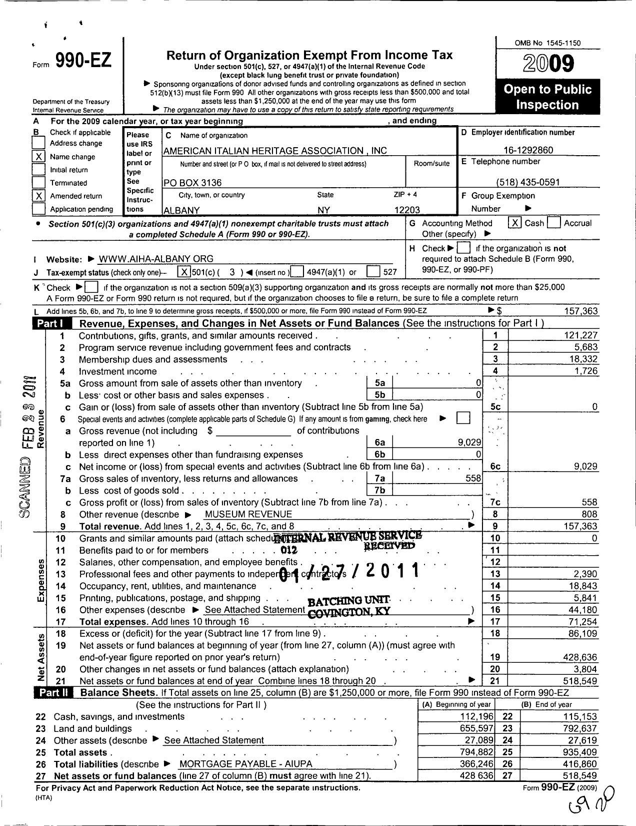 Image of first page of 2009 Form 990EZ for American Italian Heritage Association