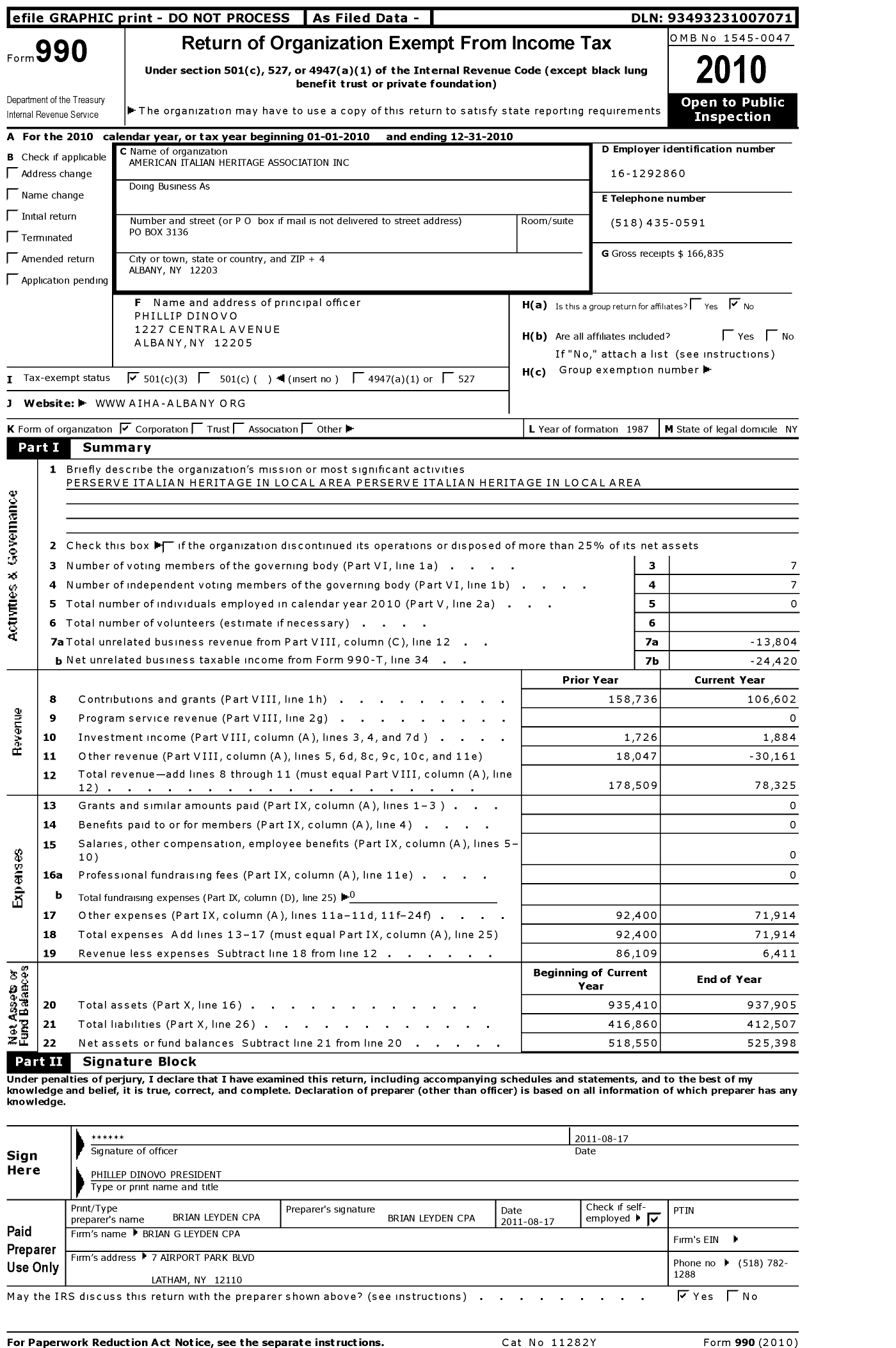 Image of first page of 2010 Form 990 for American Italian Heritage Association