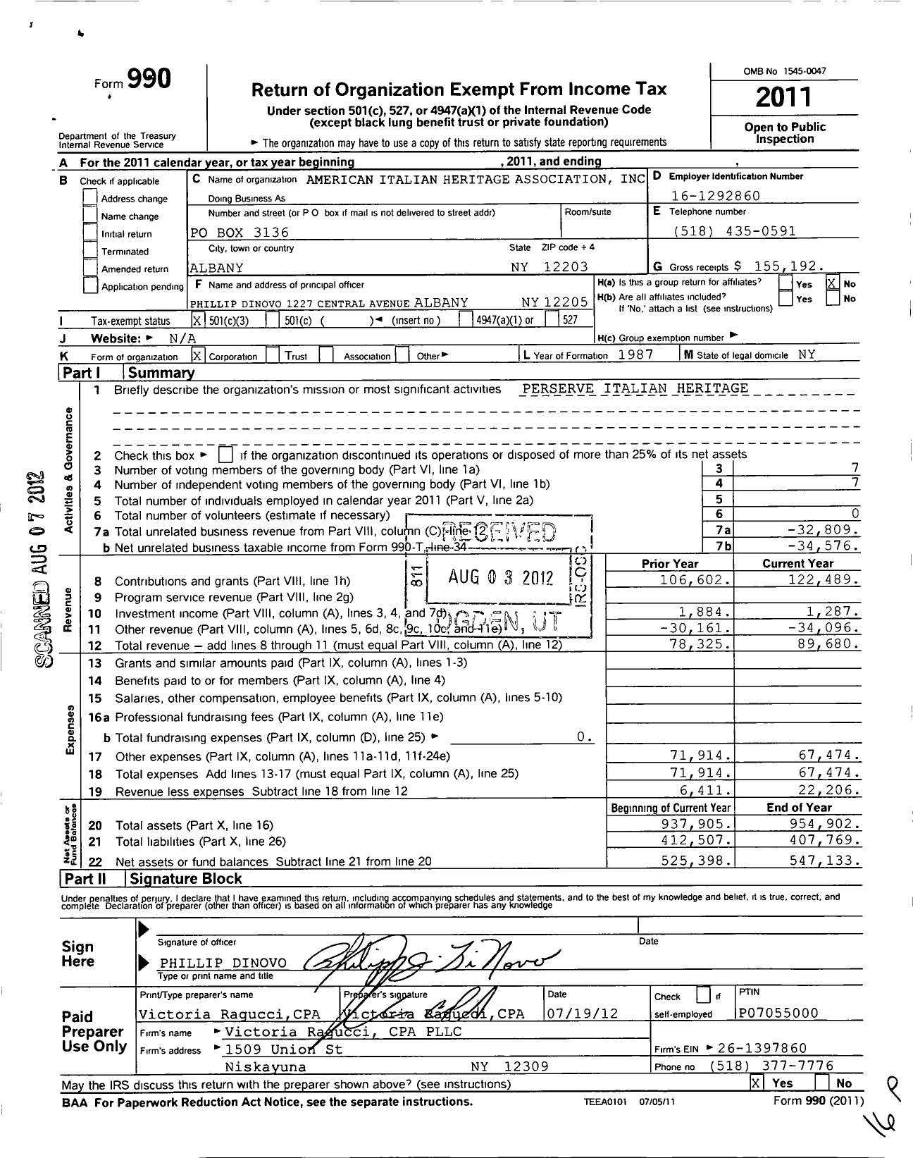 Image of first page of 2011 Form 990 for American Italian Heritage Association