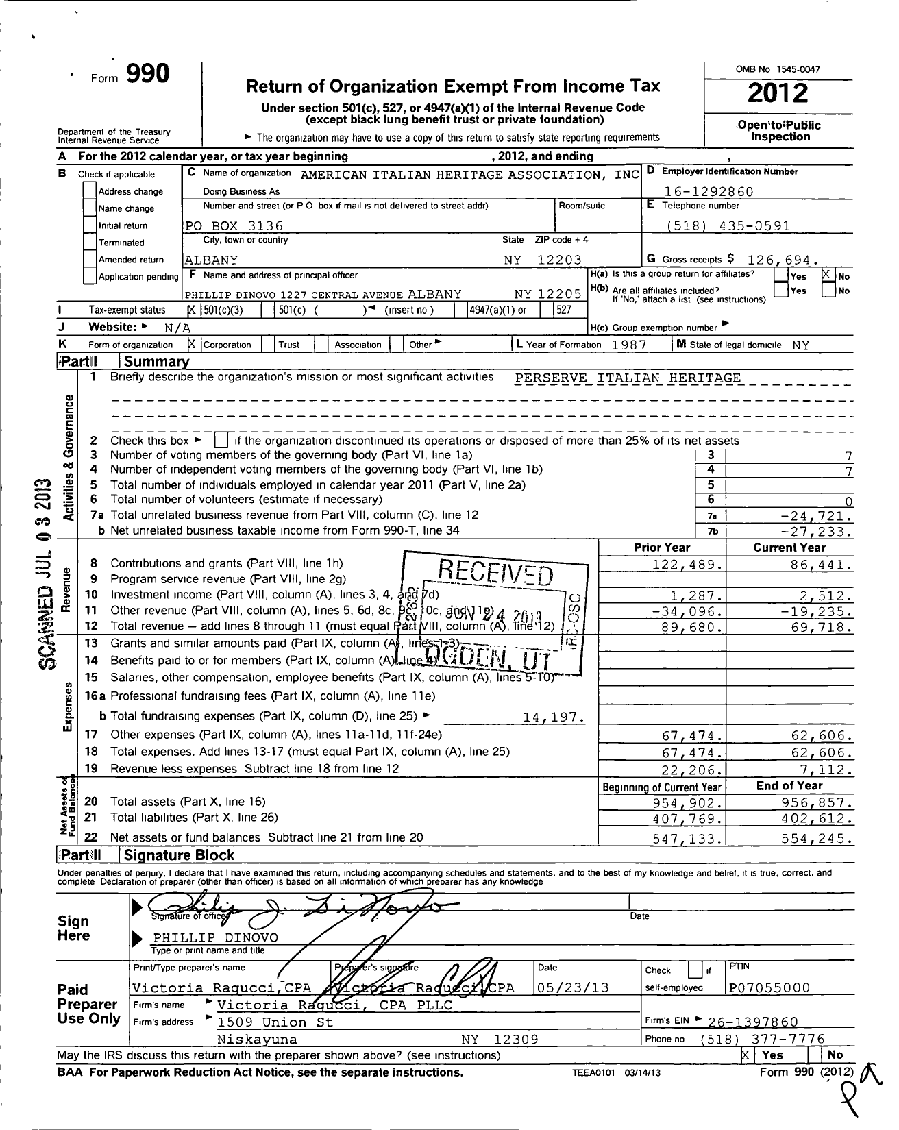 Image of first page of 2012 Form 990 for American Italian Heritage Association