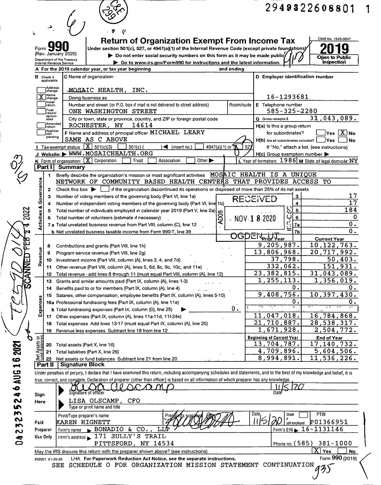 Image of first page of 2019 Form 990 for Mosaic Health (RPCN)