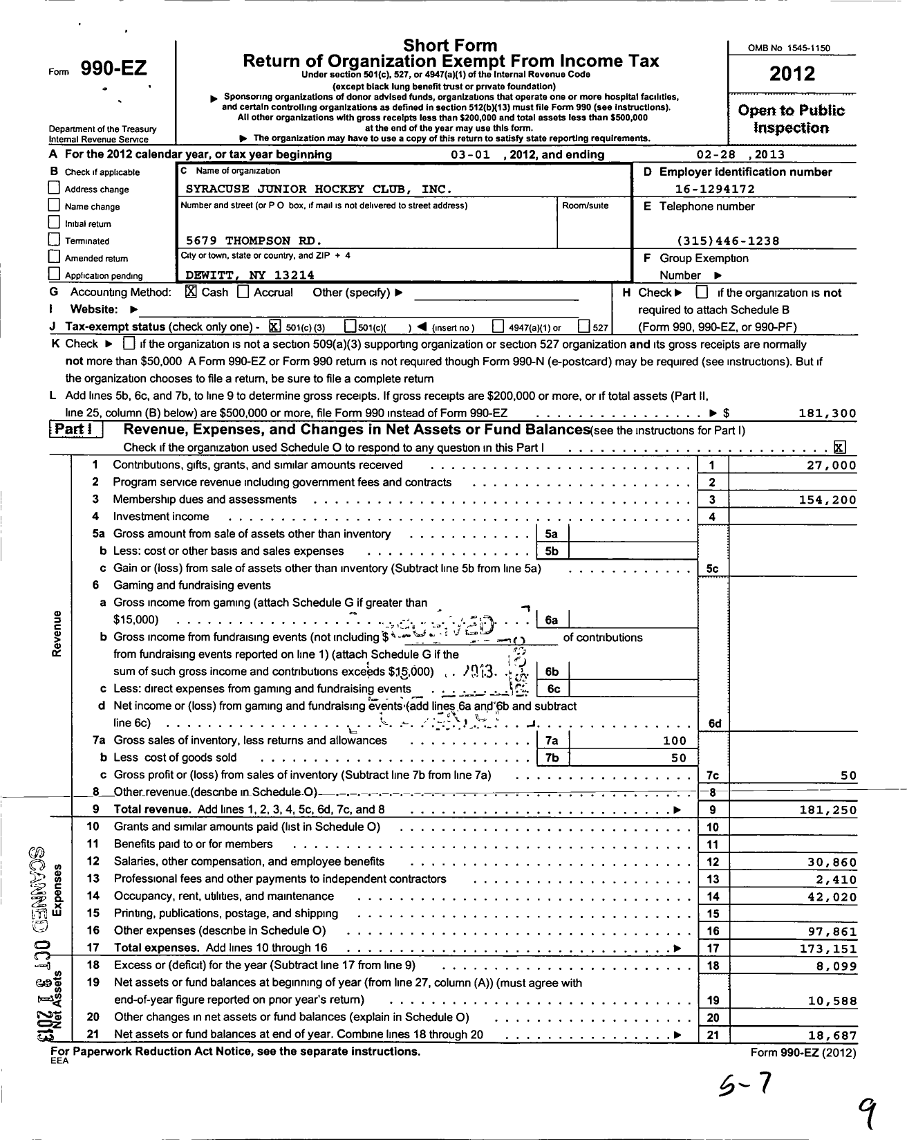 Image of first page of 2012 Form 990EZ for Syracuse Junior Hockey Club