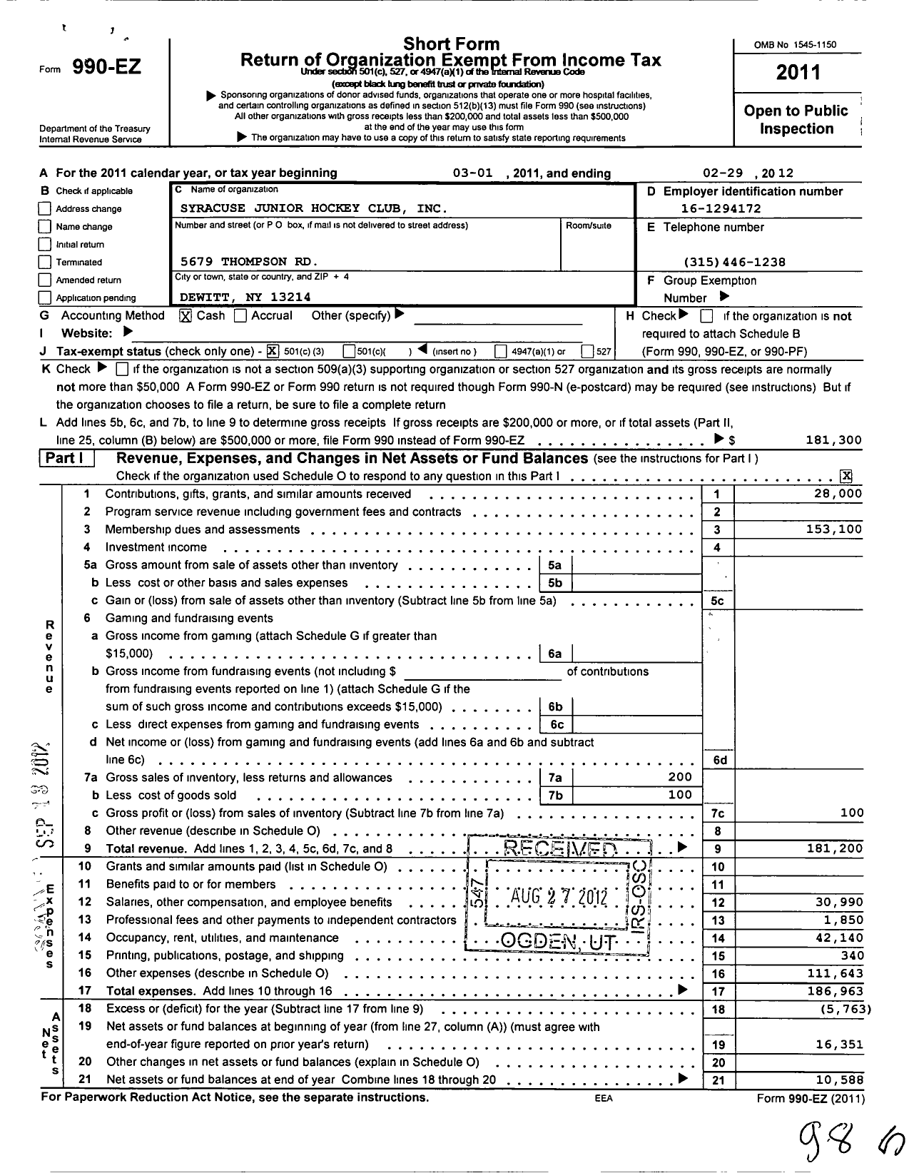 Image of first page of 2011 Form 990EZ for Syracuse Junior Hockey Club