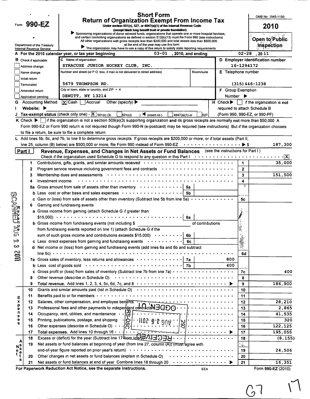 Image of first page of 2010 Form 990EZ for Syracuse Junior Hockey Club