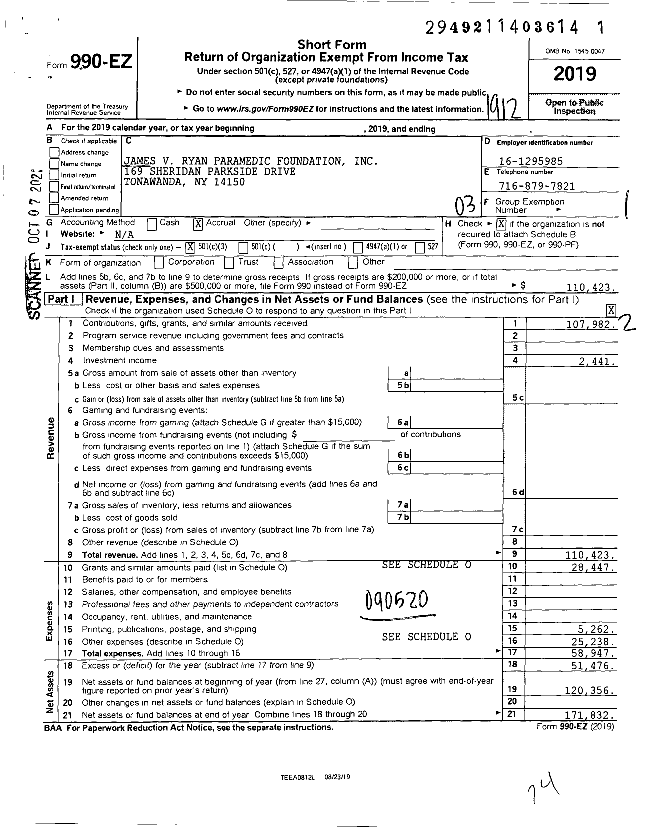 Image of first page of 2019 Form 990EZ for James V and Fay P Ryan Paramedic Foundation