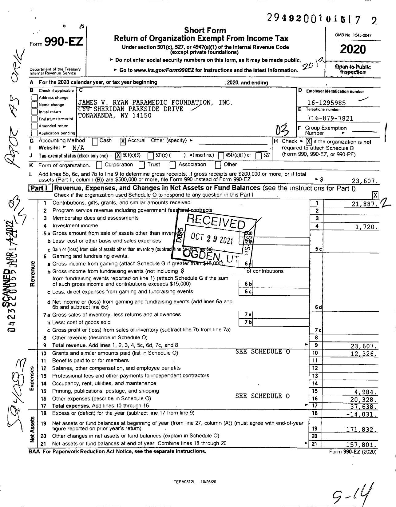 Image of first page of 2020 Form 990EZ for James V and Fay P Ryan Paramedic Foundation