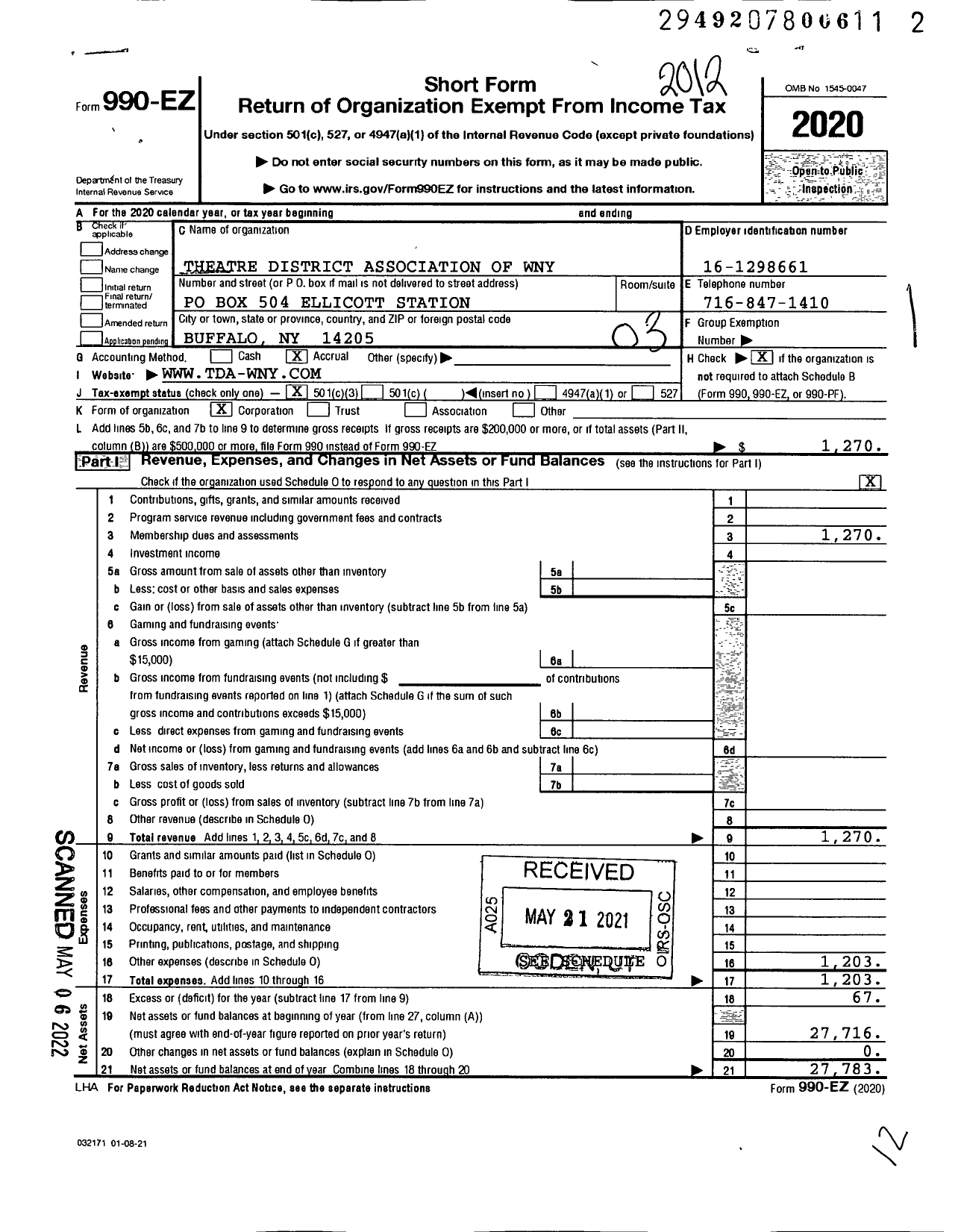 Image of first page of 2020 Form 990EZ for Theatre District Association of Wny