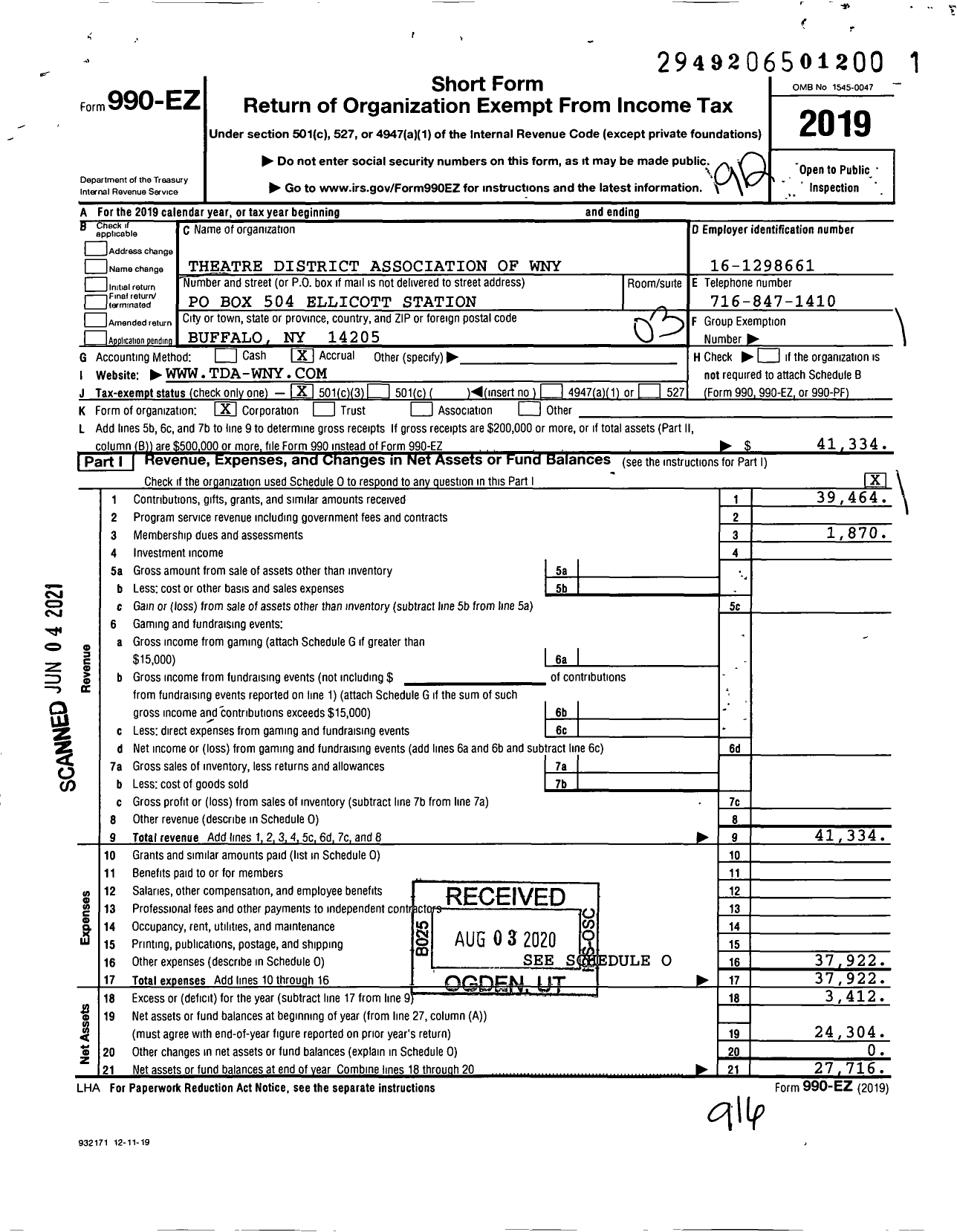 Image of first page of 2019 Form 990EZ for Theatre District Association of Wny