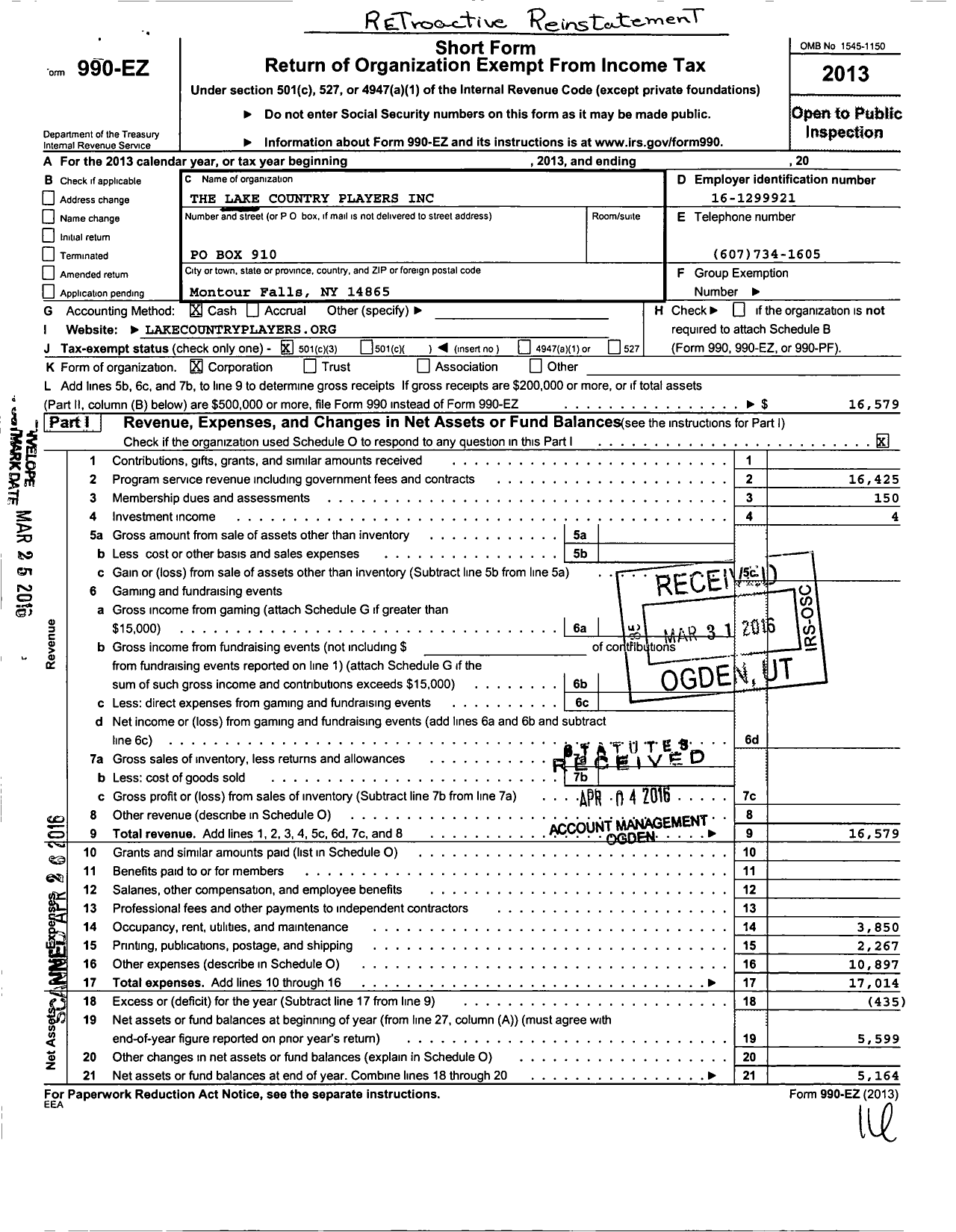 Image of first page of 2013 Form 990EZ for The Lake Country Players