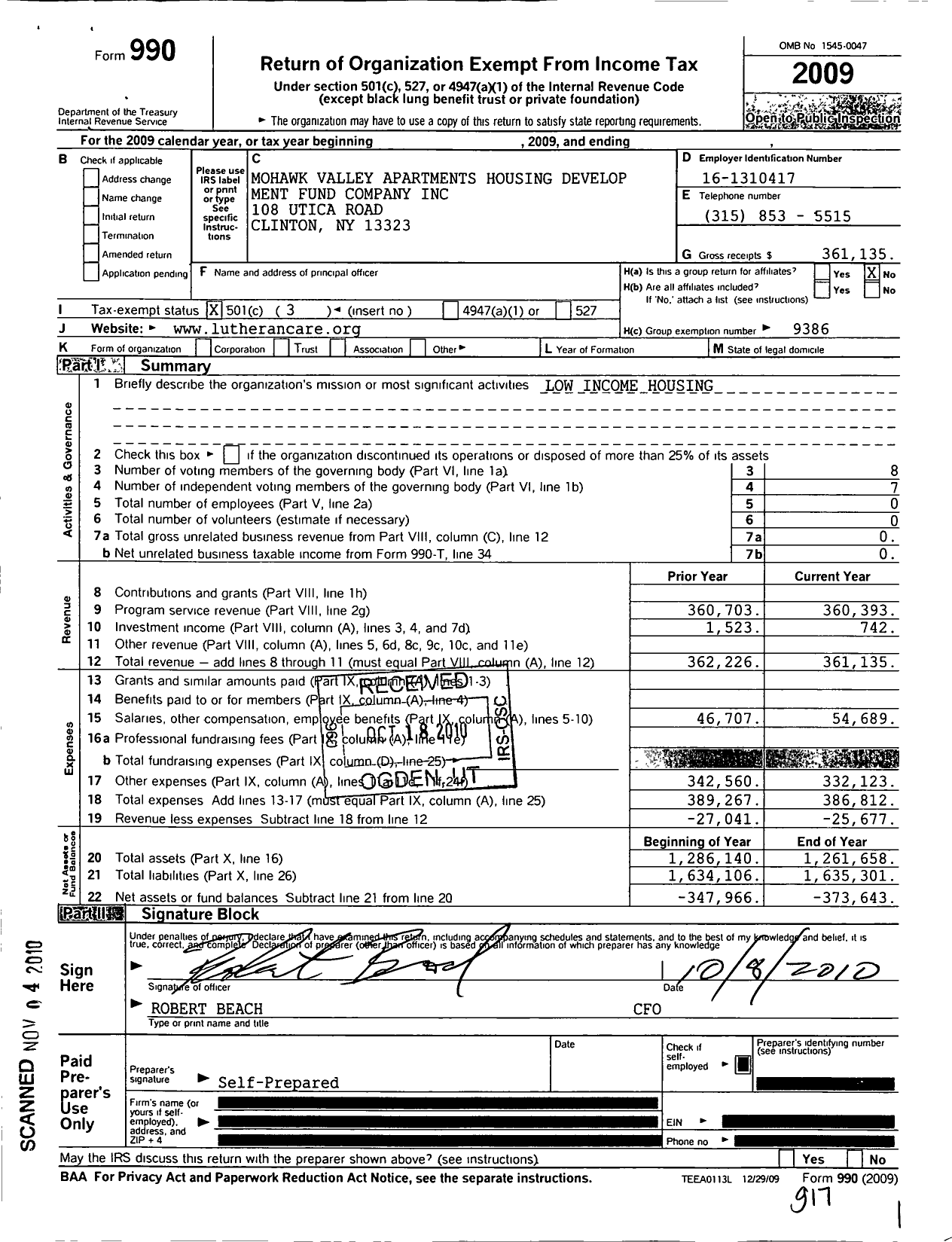 Image of first page of 2009 Form 990 for Mohawk Valley Apartments Housing Develop Fund Company