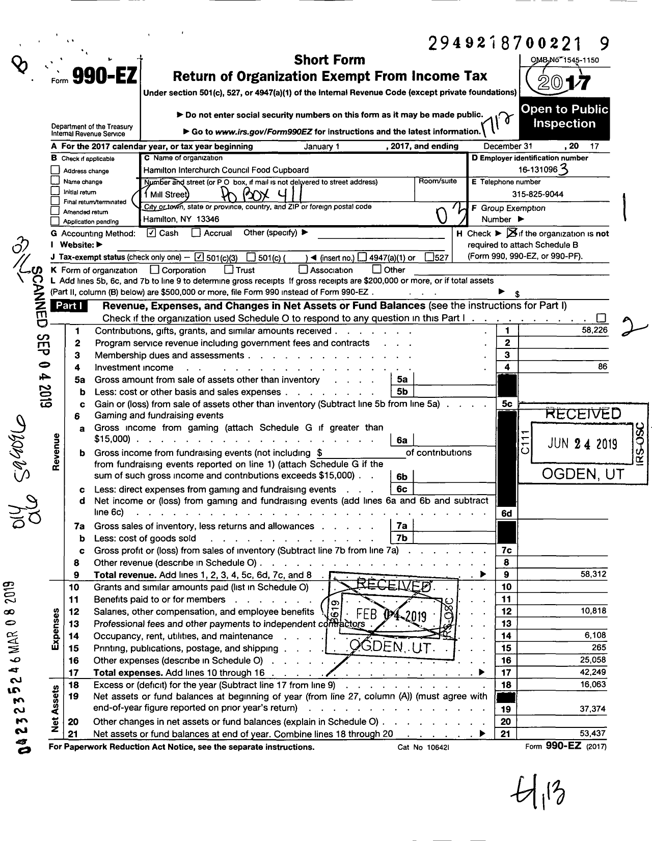 Image of first page of 2017 Form 990EZ for Hamilton Interchurch Council Food Cupboard