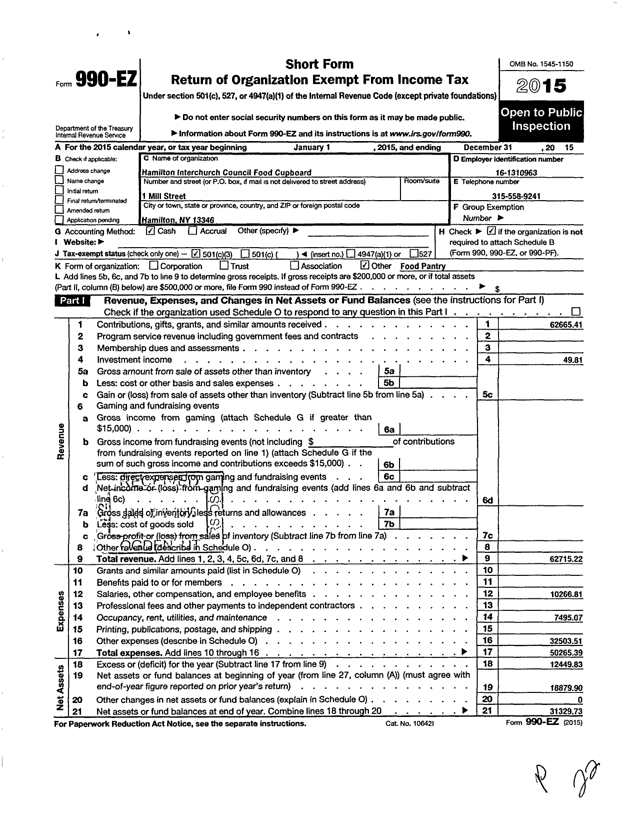 Image of first page of 2015 Form 990EZ for Hamilton Interchurch Council Food Cupboard