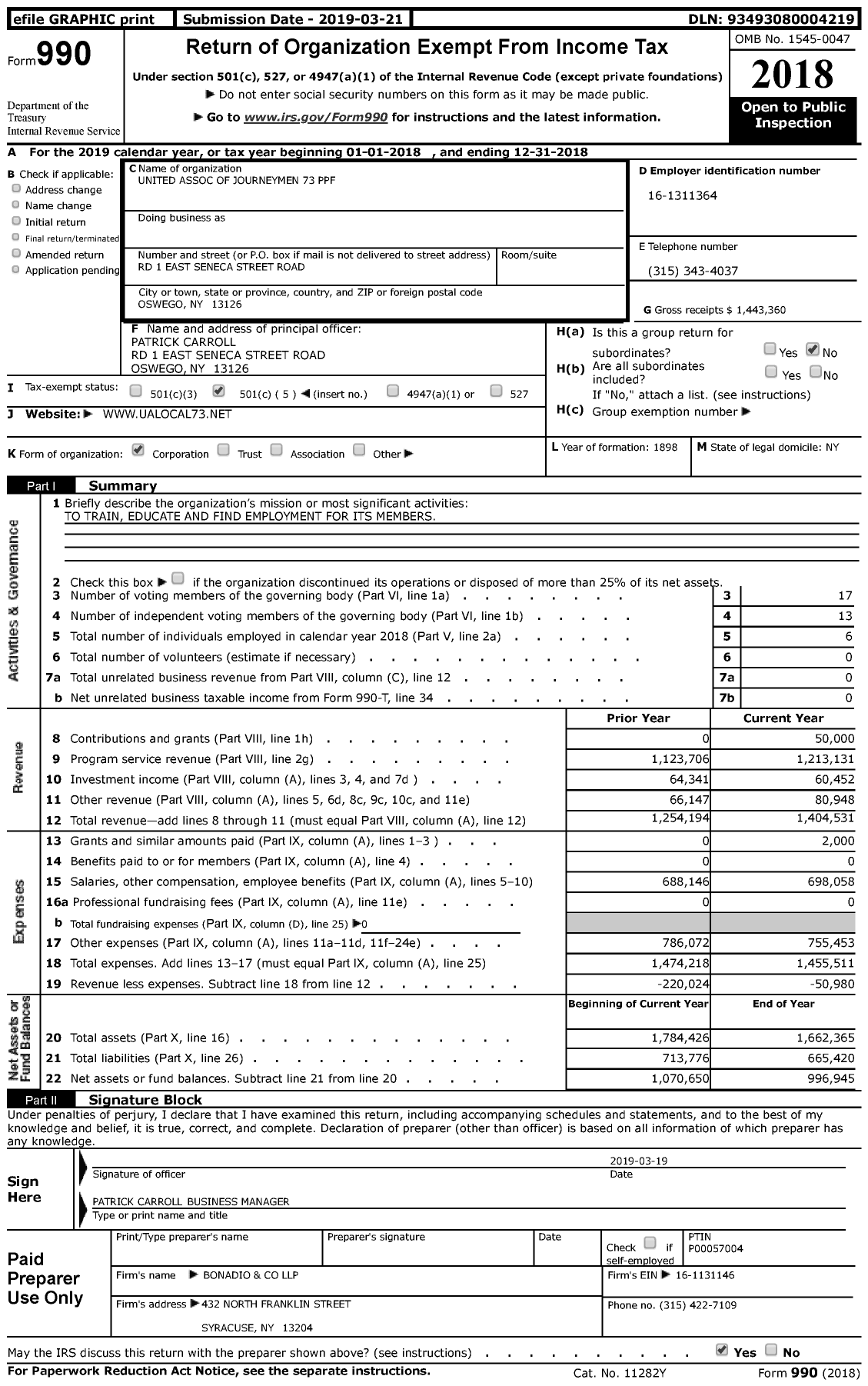 Image of first page of 2018 Form 990 for United Association - PPF 73 Us & Canada