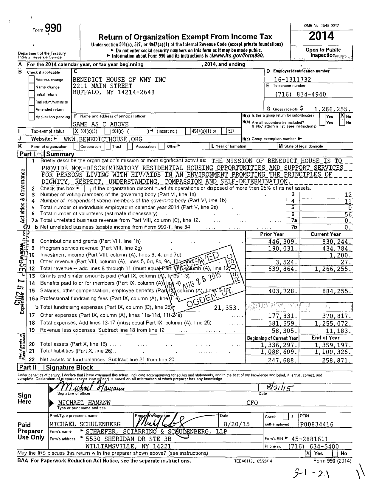 Image of first page of 2014 Form 990 for Benedict House of Wny