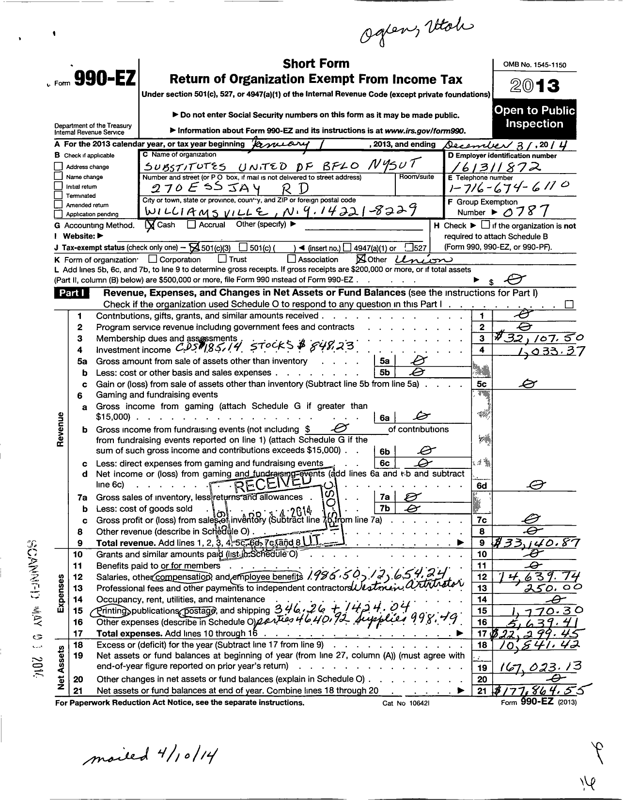 Image of first page of 2014 Form 990EZ for American Federation of Teachers - 7913 Substitute United-Buffalo