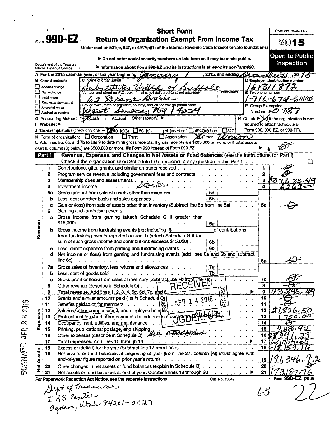 Image of first page of 2015 Form 990EZ for American Federation of Teachers - 7913 Substitute United-Buffalo