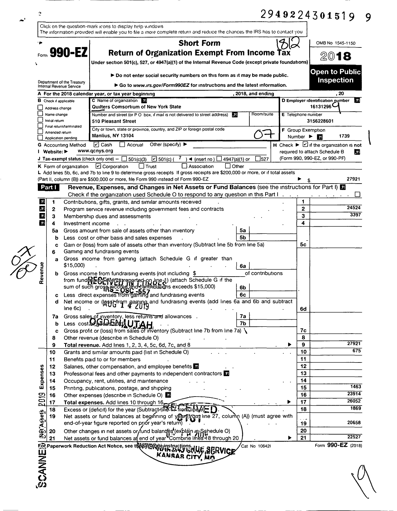 Image of first page of 2018 Form 990EO for Quilters Consortium of New York State