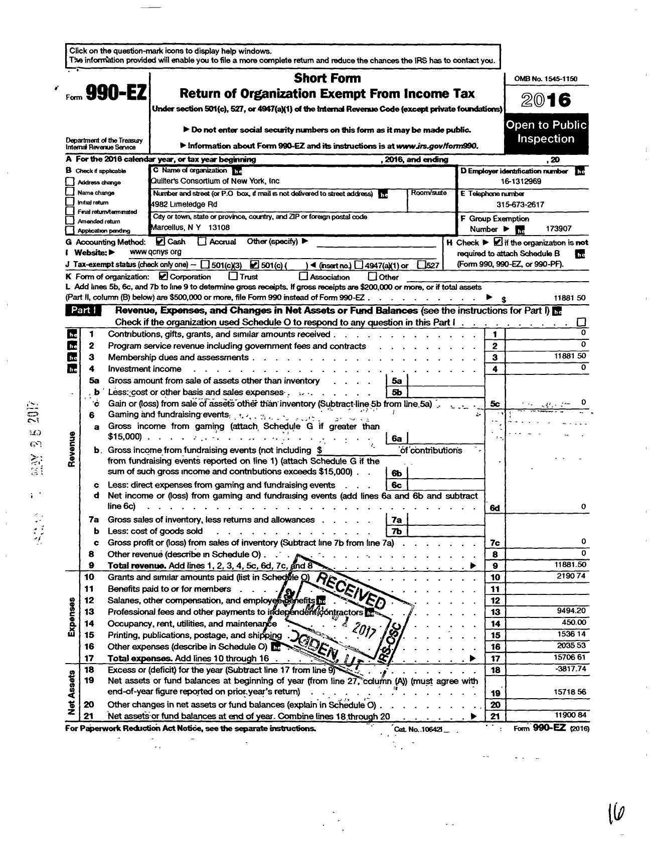 Image of first page of 2016 Form 990EO for Quilters Consortium of New York State