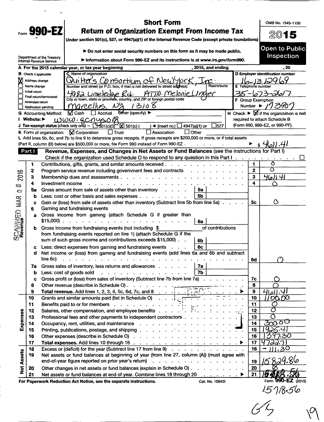 Image of first page of 2015 Form 990EO for Quilters Consortium of New York State