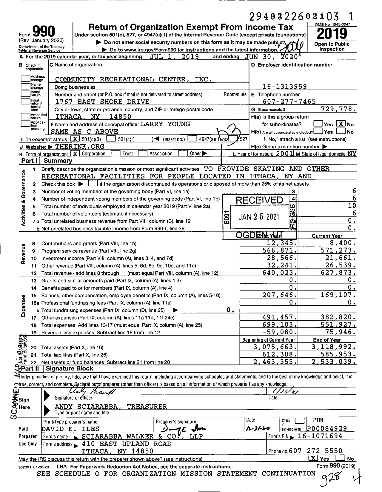 Image of first page of 2019 Form 990 for Community Recreation Center