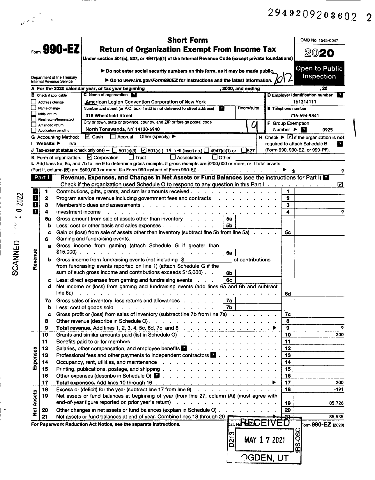 Image of first page of 2020 Form 990EO for American Legion - Convention Corp of New York