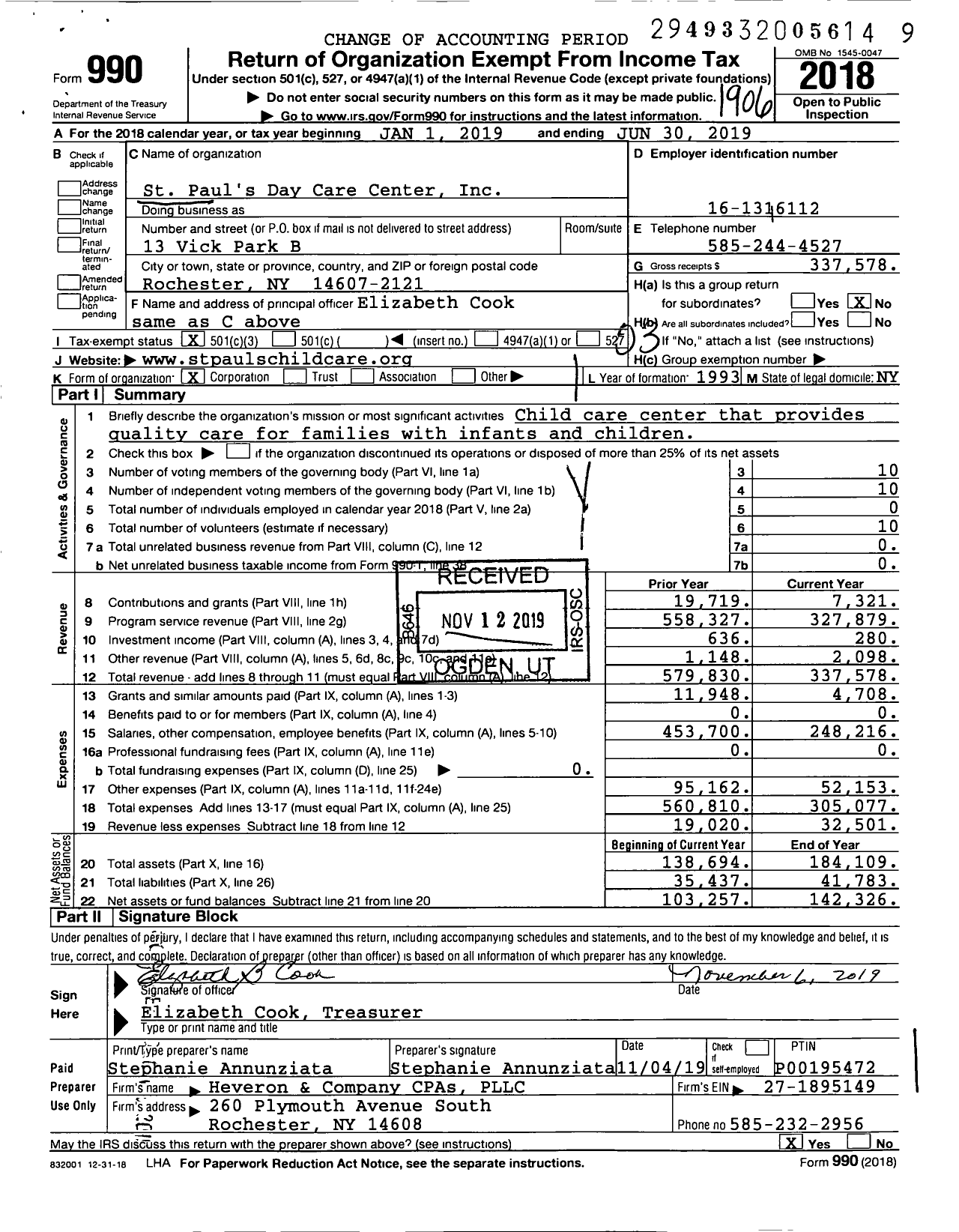 Image of first page of 2018 Form 990 for St Paul's Day Care Center