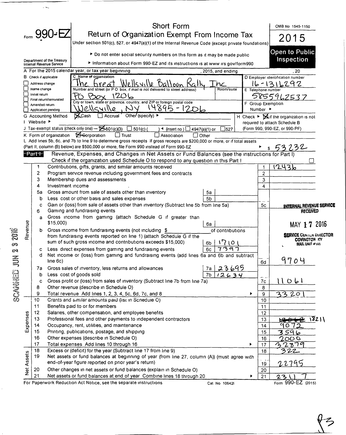 Image of first page of 2015 Form 990EZ for Great Wellsville Balloon Rally