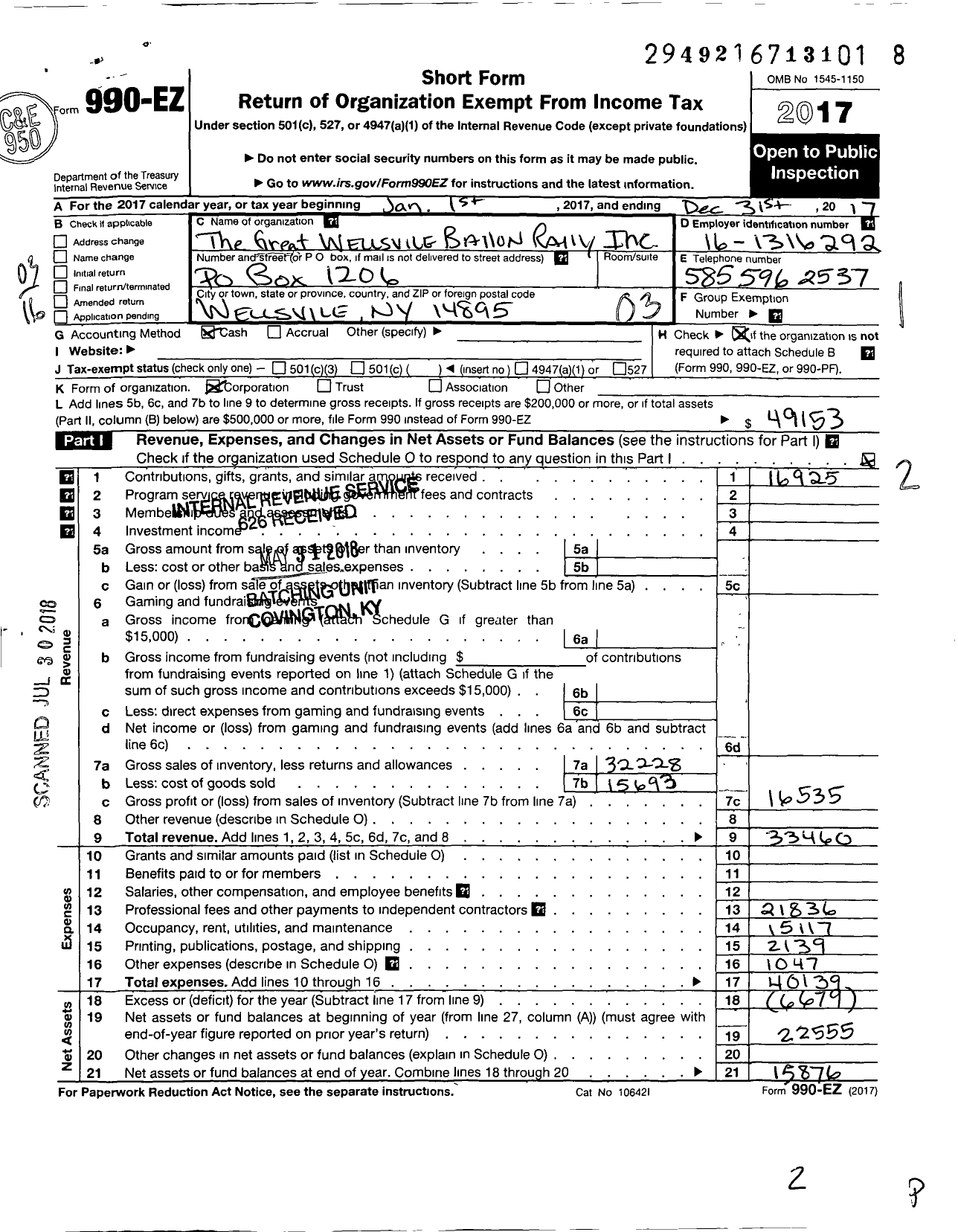 Image of first page of 2017 Form 990EZ for Great Wellsville Balloon Rally