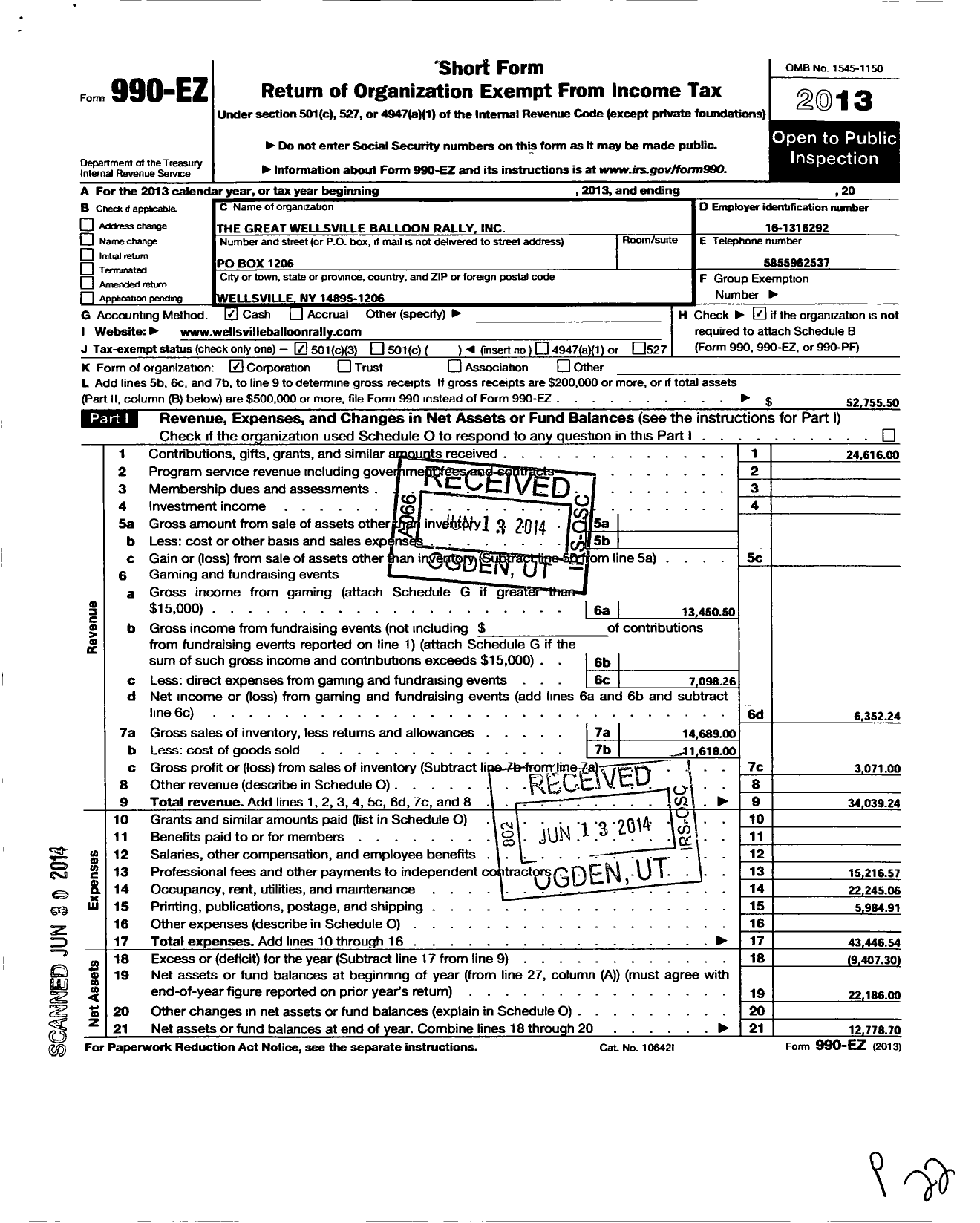 Image of first page of 2013 Form 990EZ for Great Wellsville Balloon Rally